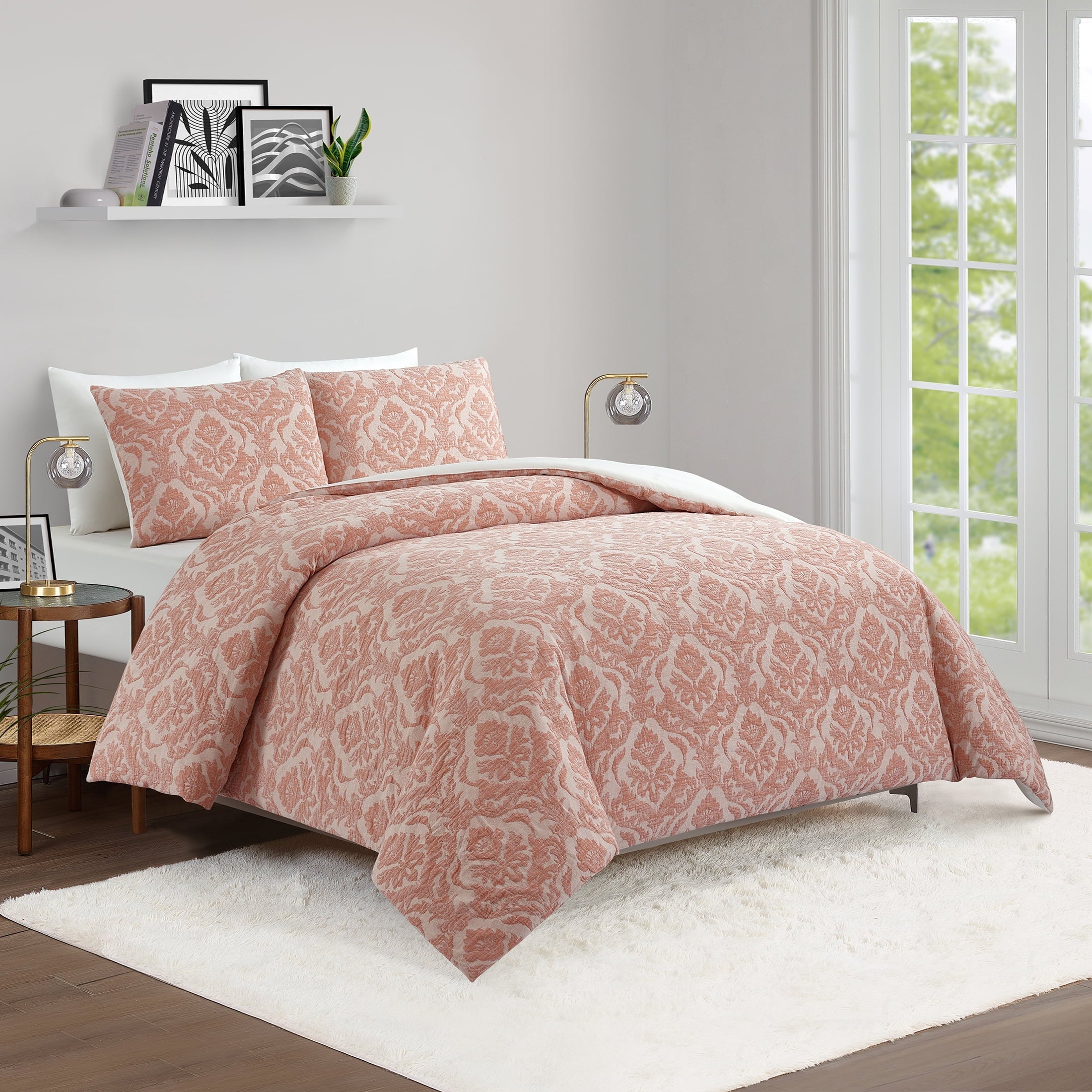 All-Season Woven Damask 2-Piece Comforter Set, Blush, Full Queen, All Ages - Cloud-Like Soft Lightweight Bed Comforter Detail