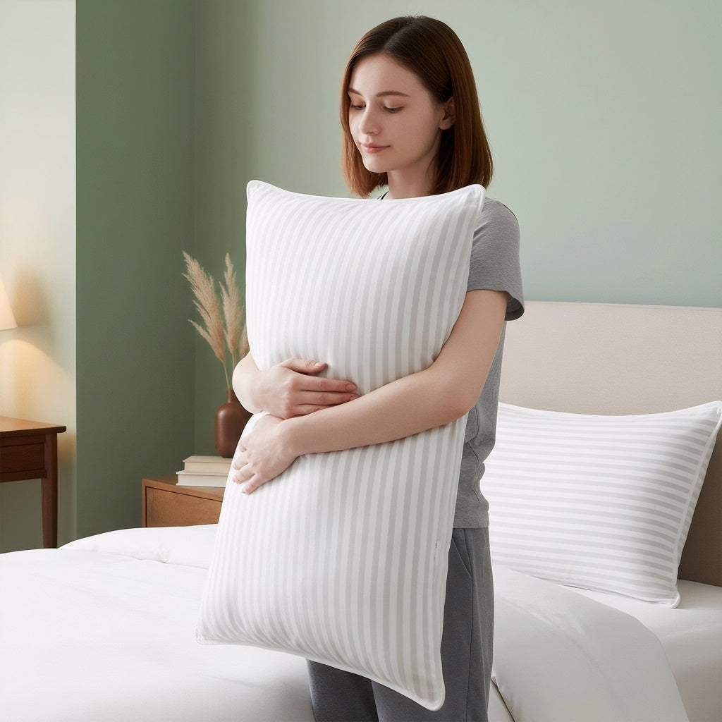 Fluffy Shredded Bed Pillow with White Stripes - Set of 2 - Ultra Cozy & Relaxing For Adults, (Queen, 28"L x 20" W) - Hotel Quality Plush Sleeping Pillows Detail