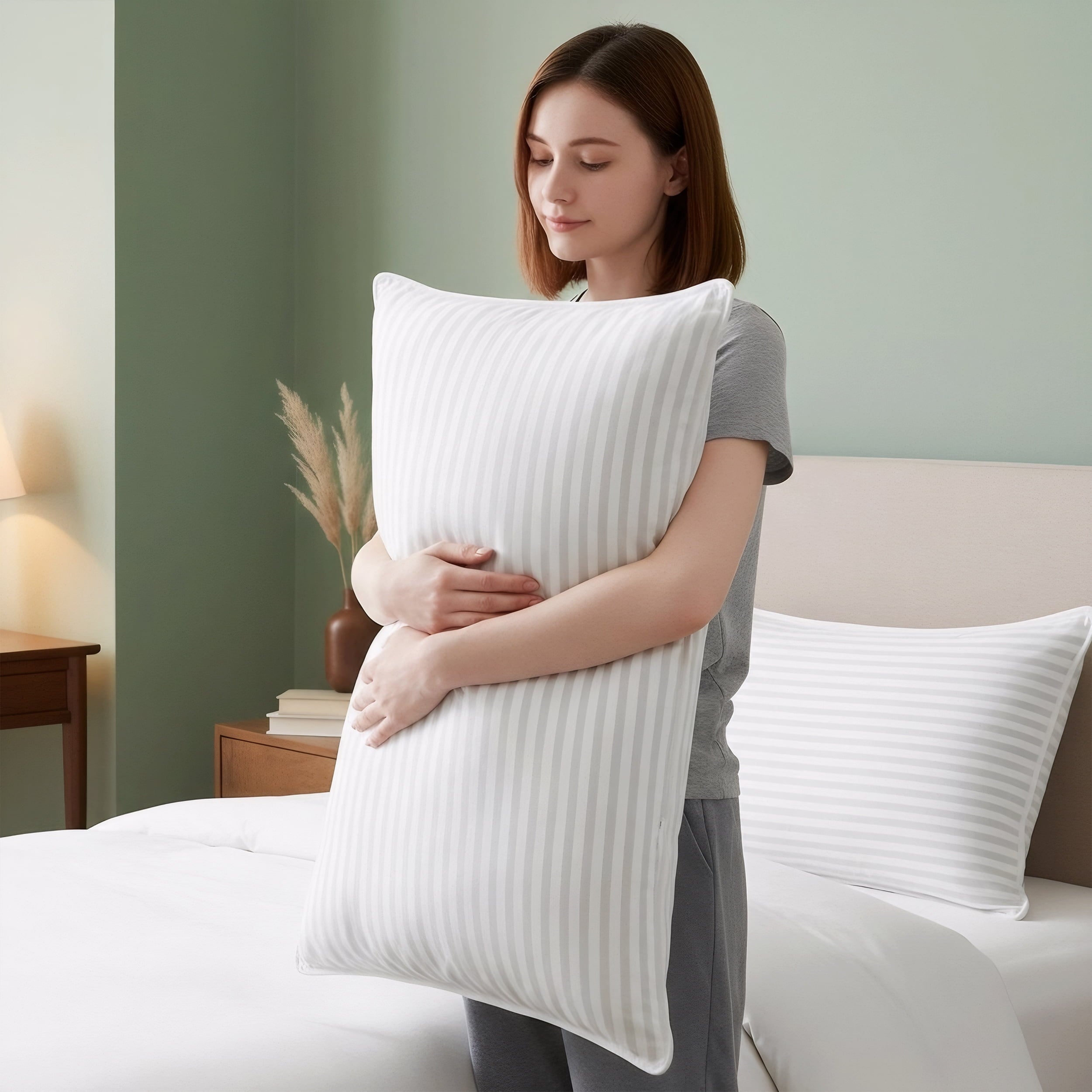 Fluffy Shredded Bed Pillow with White Stripes - Set of 2 - Ultra Cozy & Relaxing For Adults, (Queen, 28"L x 20" W) - Hotel Quality Plush Sleeping Pillows Detail