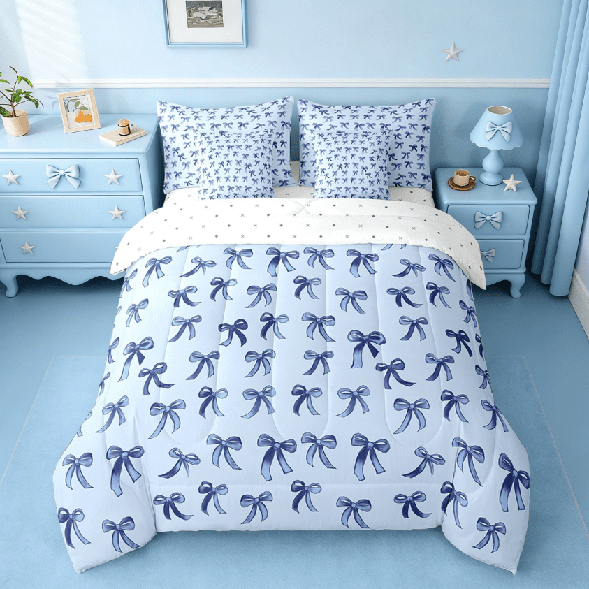 Fluffy Down Alternative Cute Bowknot Twin Bedding Sets 7-Piece,Girls Ribbon Bow Bedding Comforter Set,Dreamy Blue Sheet Sets For Girls,Super ... - Luxurious Quilted Duvet Cover Set Detail