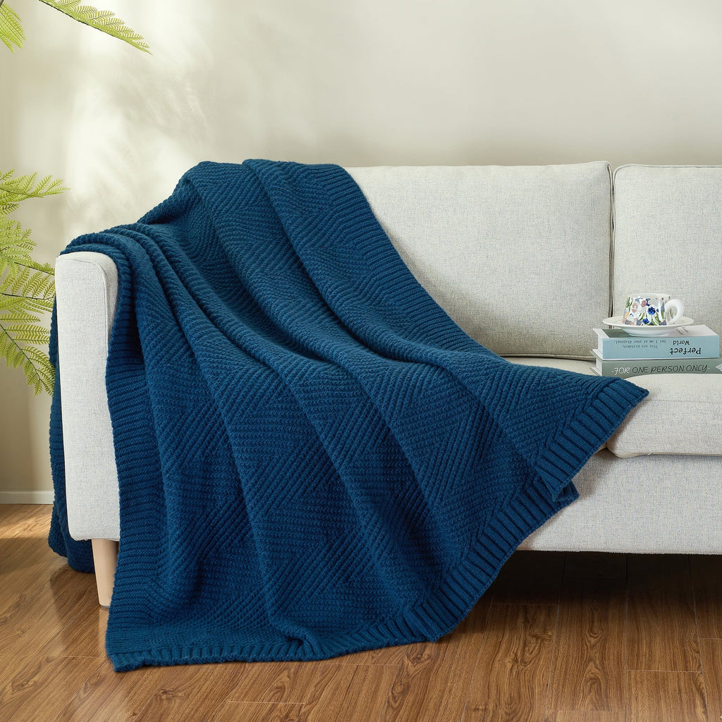 Cozy Fleece Soft Knitted Throw Blanket 50" x 60" Navy Blue, Boho Chevron Farmhouse Throw for Bed Couch - Luxury Knitted Decorative Throw Blanket with Fringes Detail