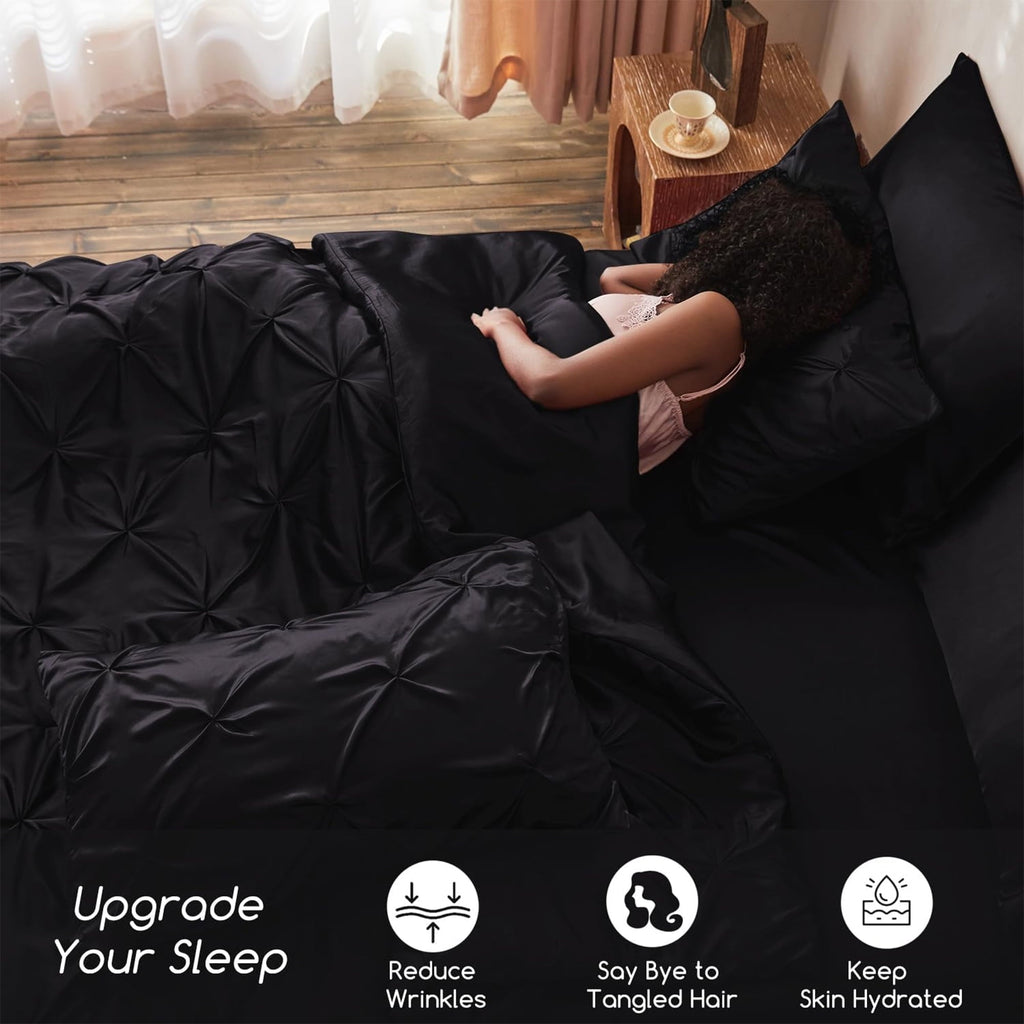 Heavyweight Warmth Satin Comforter Set 7 Pieces Queen Size - Luxurious Pinch Pleat Bed in a Bag with Satin Comforter, Satin Sheets, Sati... - Cloud-Like Soft Lightweight Bed Comforter Detail