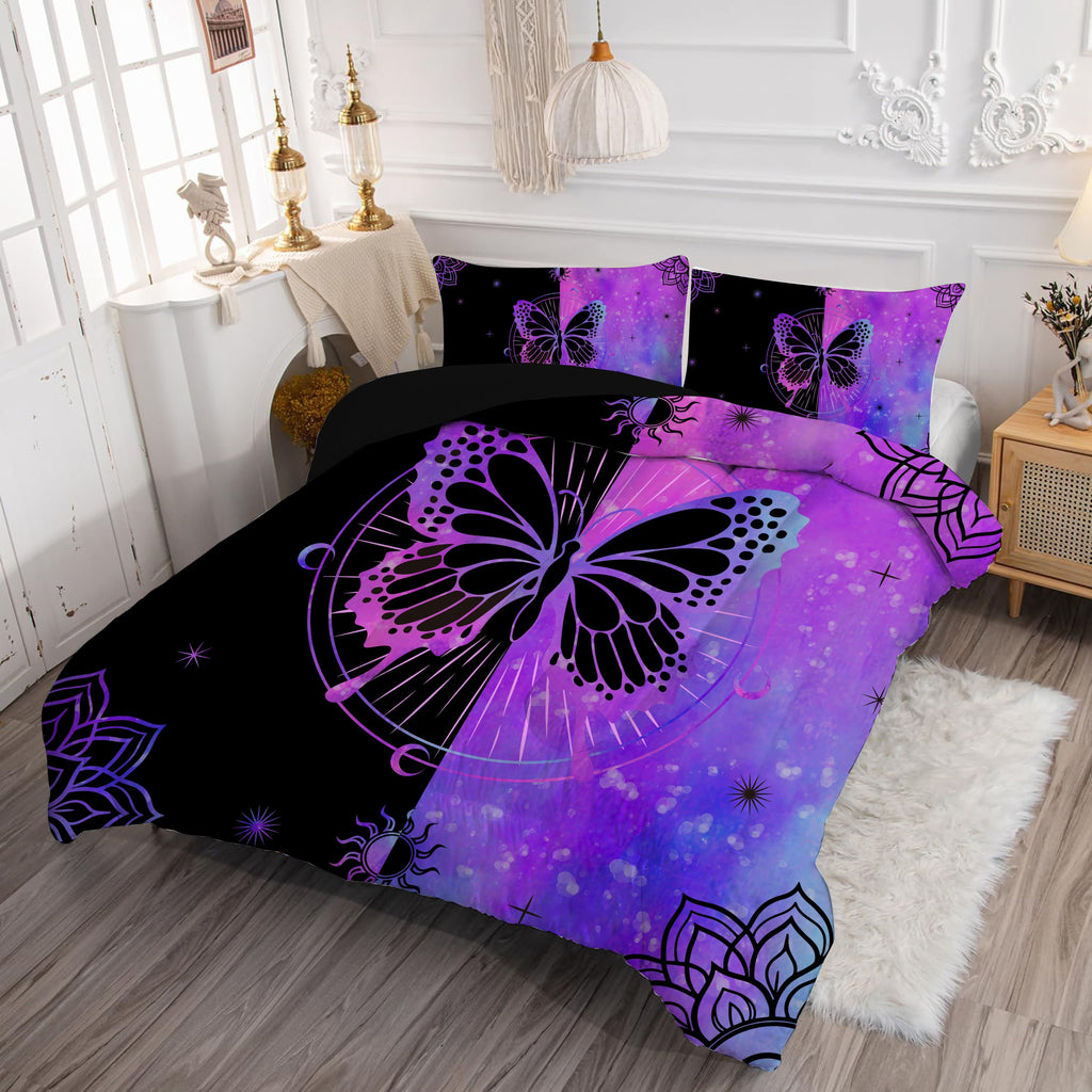 All-Season Butterfly Comforter Set Full Size for Girls Kids Teens Black Blue Purple Tie Dye Bedding Set 3 Pieces - Luxurious Quilted Duvet Cover Set Detail