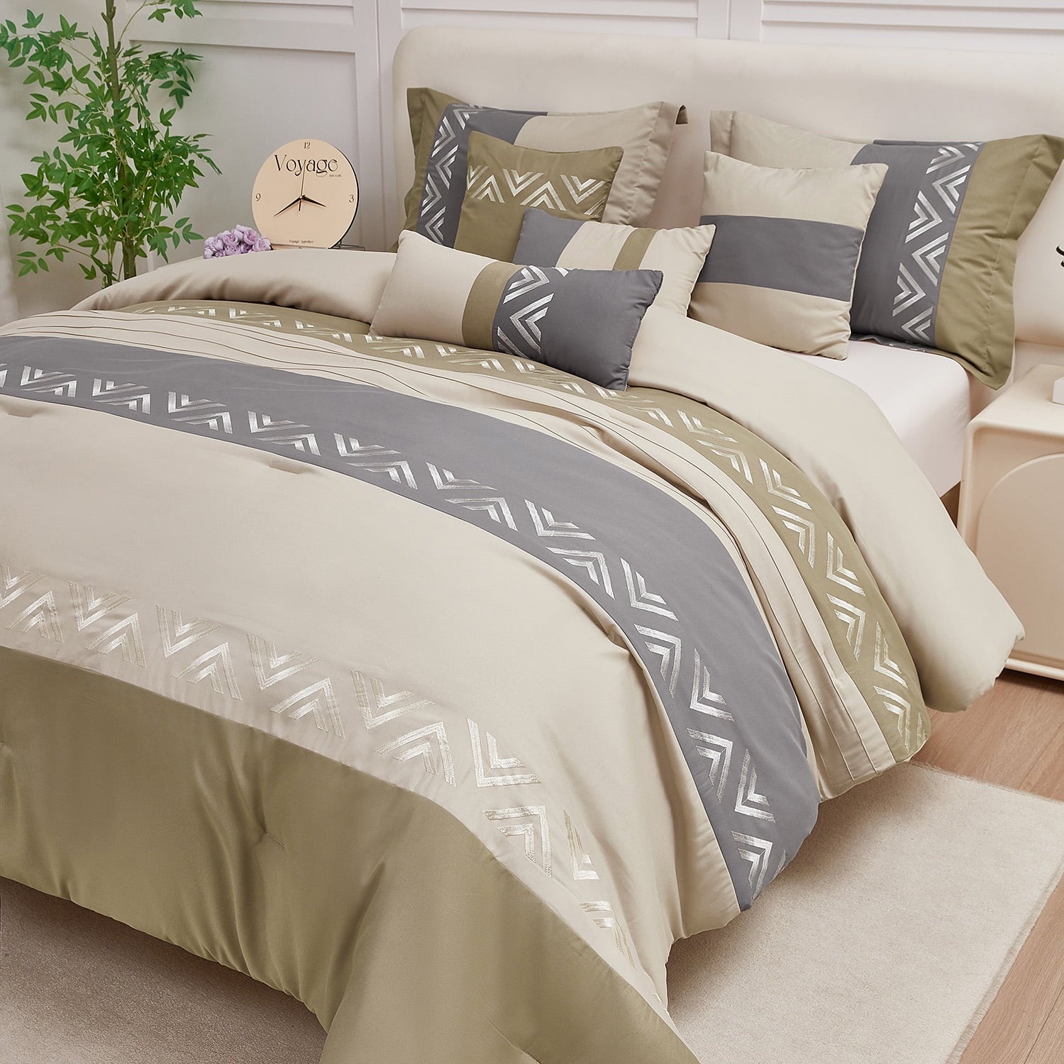 Luxurious Quilted 7 Piece Embroidery Design Bed-in-a-Bag, Taupe Queen Size Ultra Soft Comforter Set for Adults - Luxurious Quilted Duvet Cover Set Detail