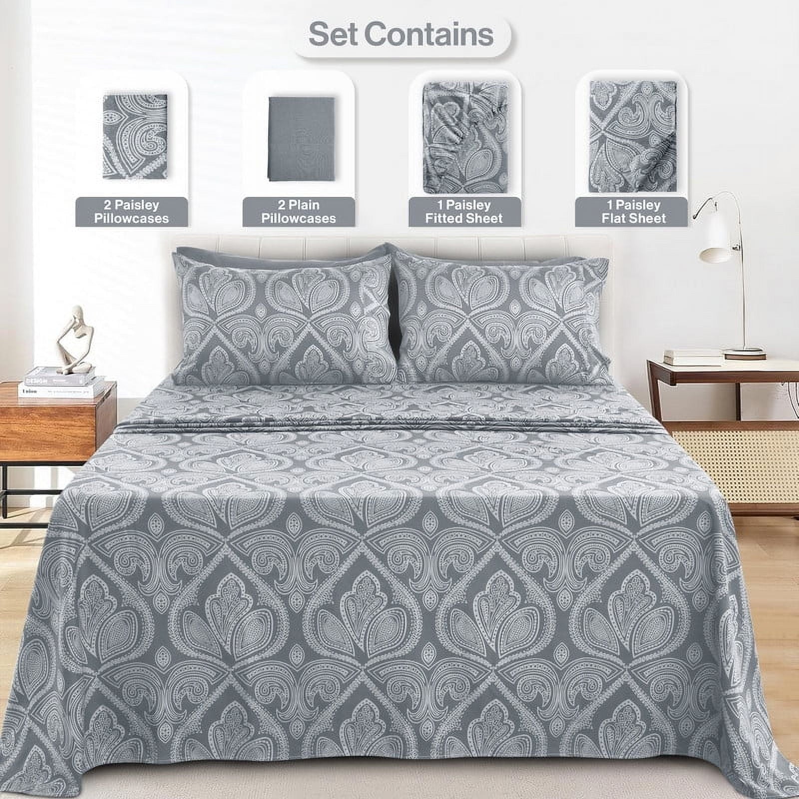 Ultra-Soft 6-Piece Bed Sheet Set, Deep Pocket Queen Sheets Up to 16 Inch, 1 Flat Sheet , 1 Fitted Sheet & 4 Pillowcases (Queen, ... - Luxury Bed Sheet Set with Deep Pockets Detail