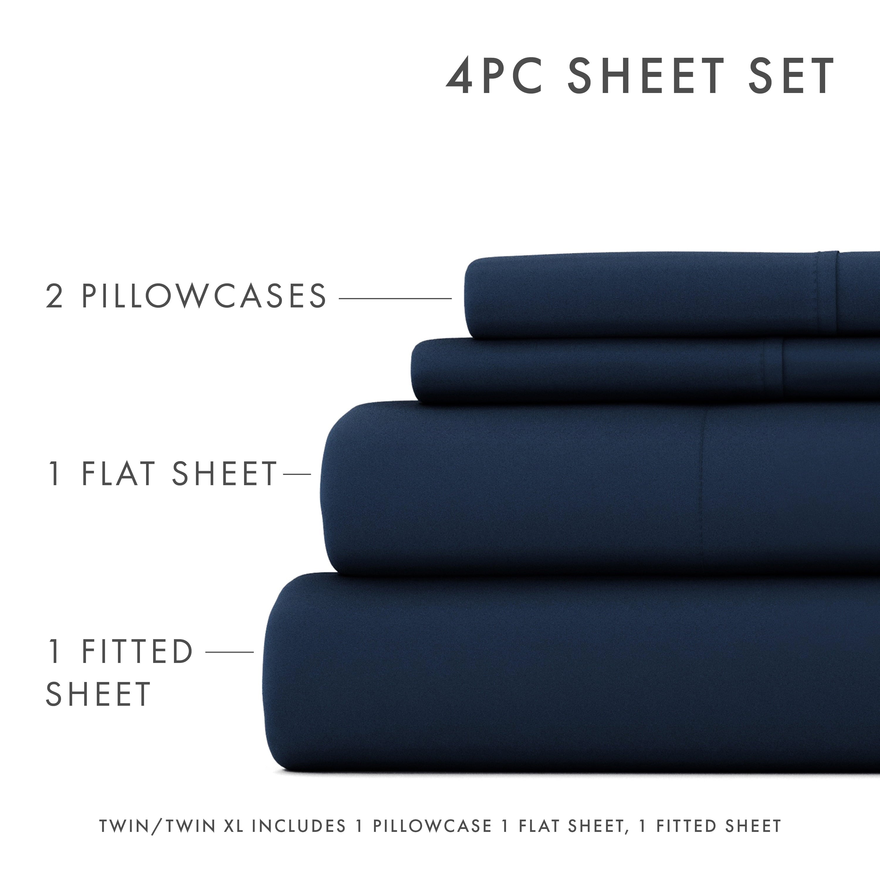 Premium Egyptian Cotton 4 Piece Solid Microfiber Bed Sheet Set, Navy, Queen - Cooling Hotel Quality Bedding Sheets and Pillowcases Detail