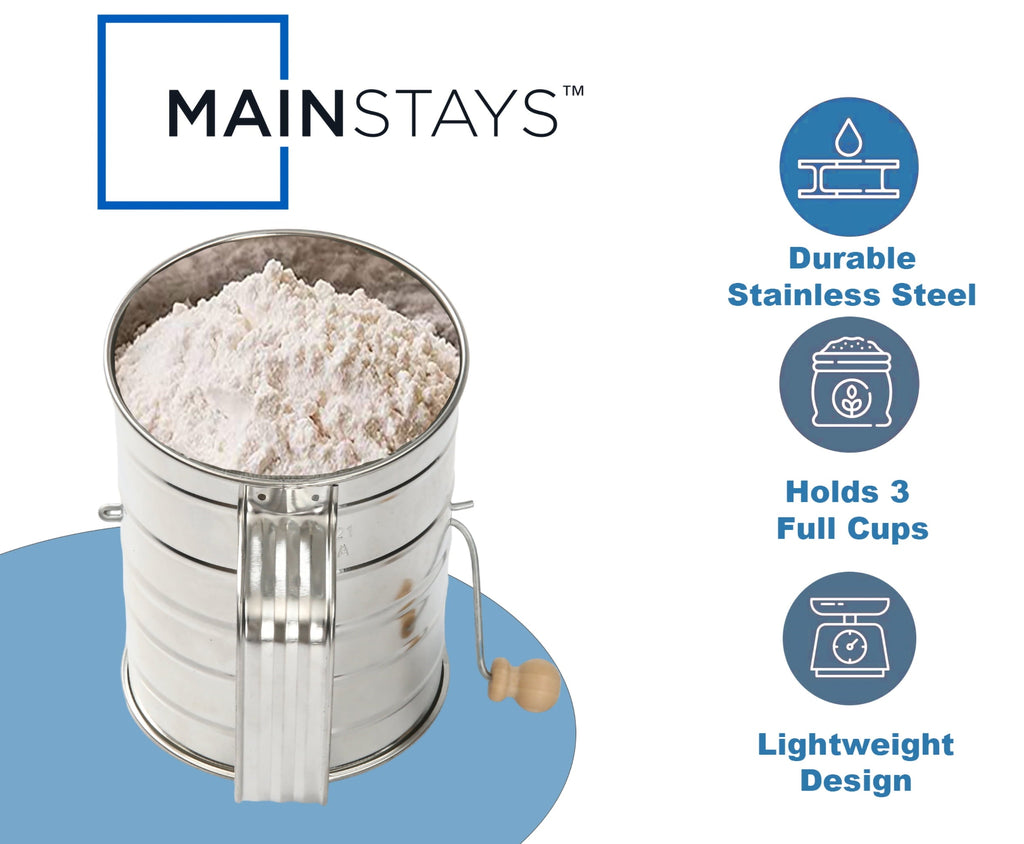 Time-Saving Stainless Steel 3 Cup Flour Hand-Crank Sifter with Beechwood Handle Silver - Innovative Kitchen Helper for Modern Cooking Detail