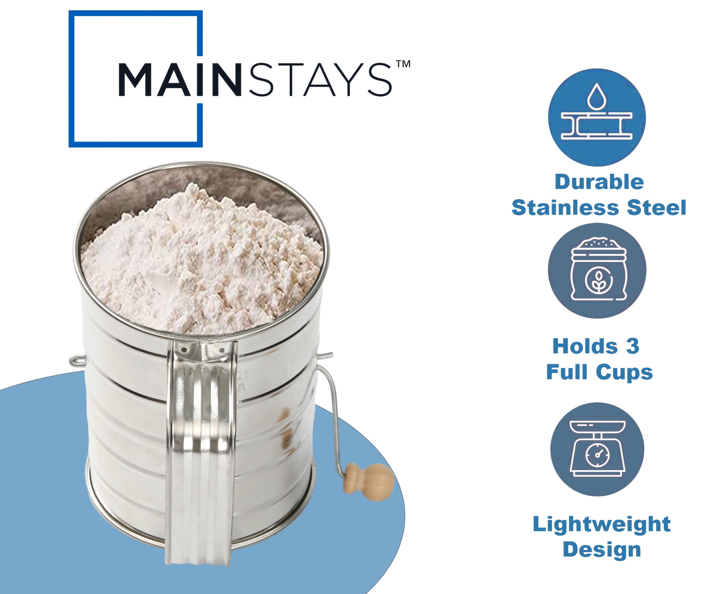 Time-Saving Stainless Steel 3 Cup Flour Hand-Crank Sifter with Beechwood Handle Silver - Innovative Kitchen Helper for Modern Cooking Detail