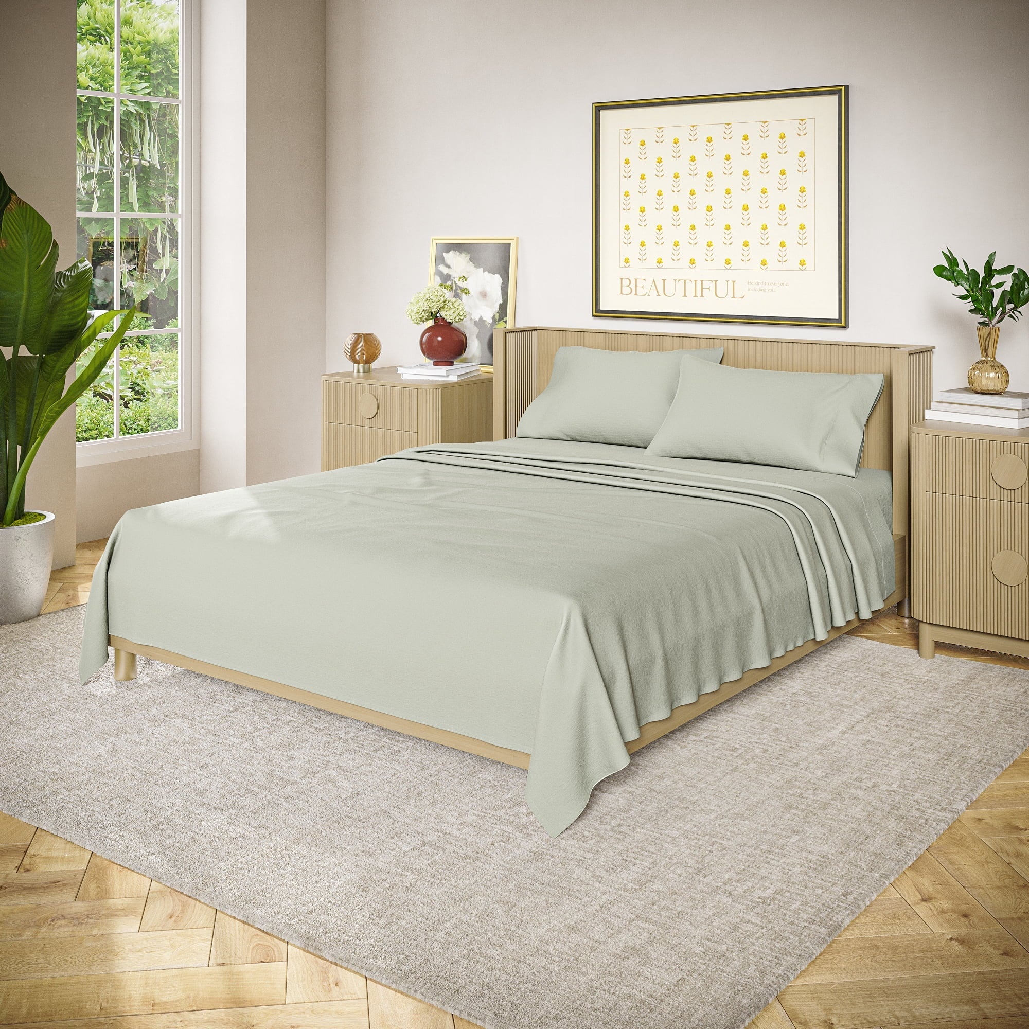 Cooling Sateen Solid 4-Piece 100% Cotton Washed Percale Sage Green Sheet Set, Full - Premium Ultra-Soft Pillowcase Pair for Sleeping Detail
