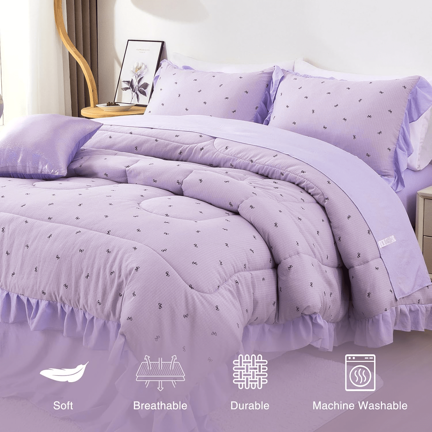 Heavyweight Warmth 6 Piece Delicate Bows Purple Bedding Set Ruffle Princess Style Comforter Set Bed in a Bag - All-Season Down Alternative Comforter Insert Detail