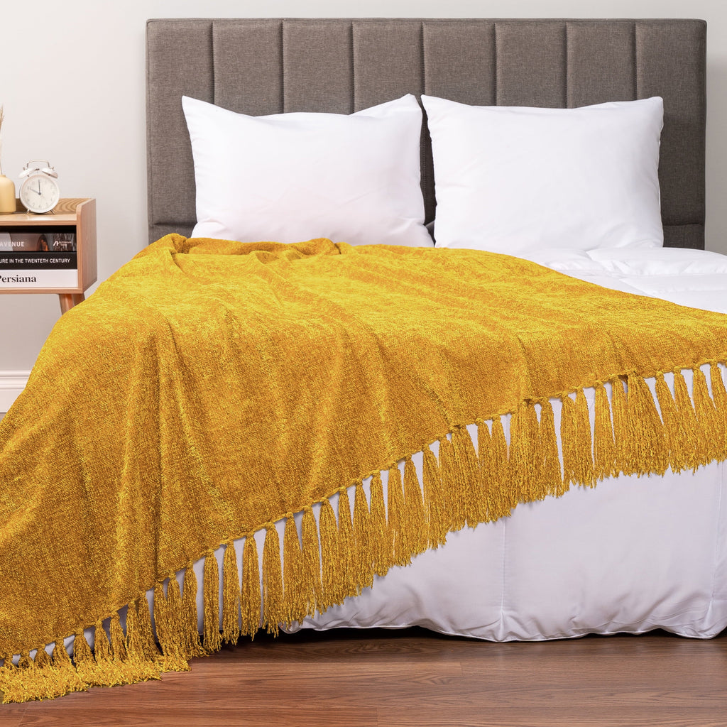 Decorative Knitted Mustard Yellow Chenille Throw Blanket for Couch, Soft Gold Knit Blanket with Tassel Fringe, Woven Chenille Knitted De... - Lightweight Plush Warm Blanket for All Seasons Detail