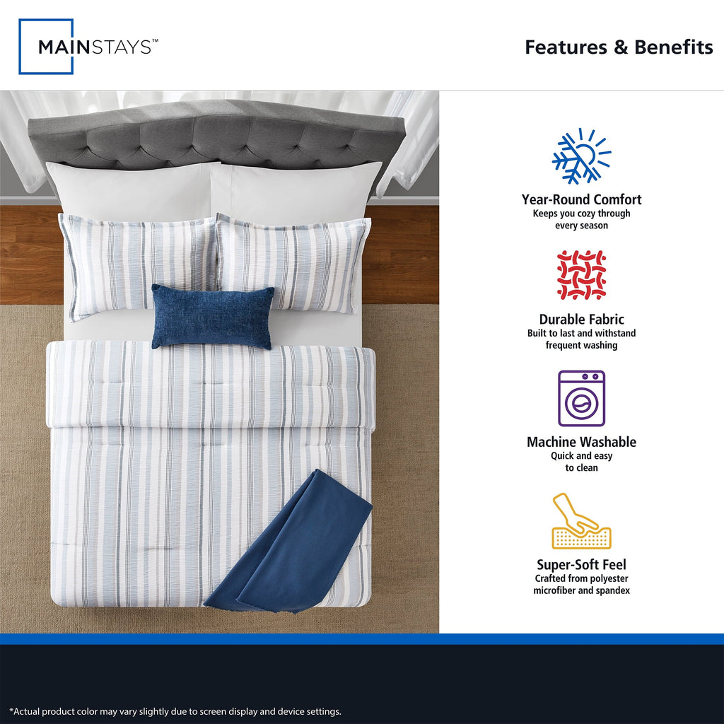 All-Season Full/Queen Comforter Set, All-Season, 5-Piece, Blue Yarn Dyed Stripe - All-Season Down Alternative Comforter Insert Detail