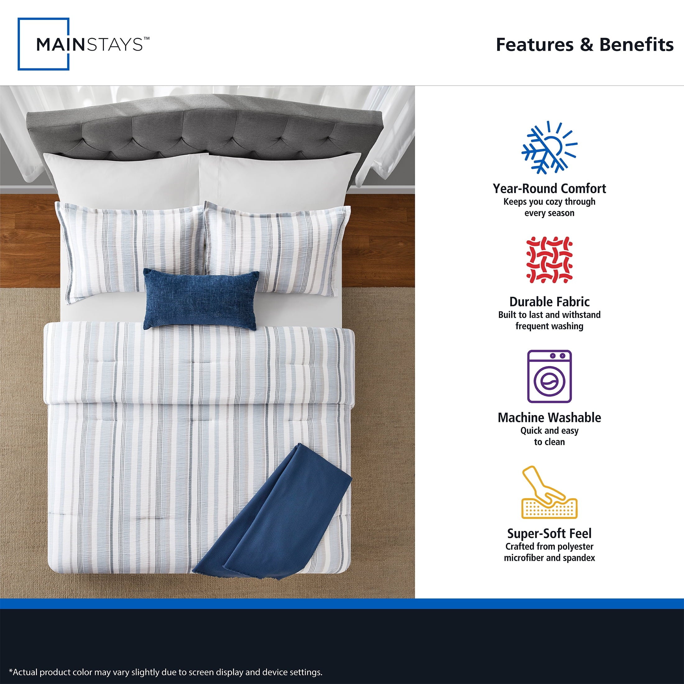All-Season Full/Queen Comforter Set, All-Season, 5-Piece, Blue Yarn Dyed Stripe - All-Season Down Alternative Comforter Insert Detail