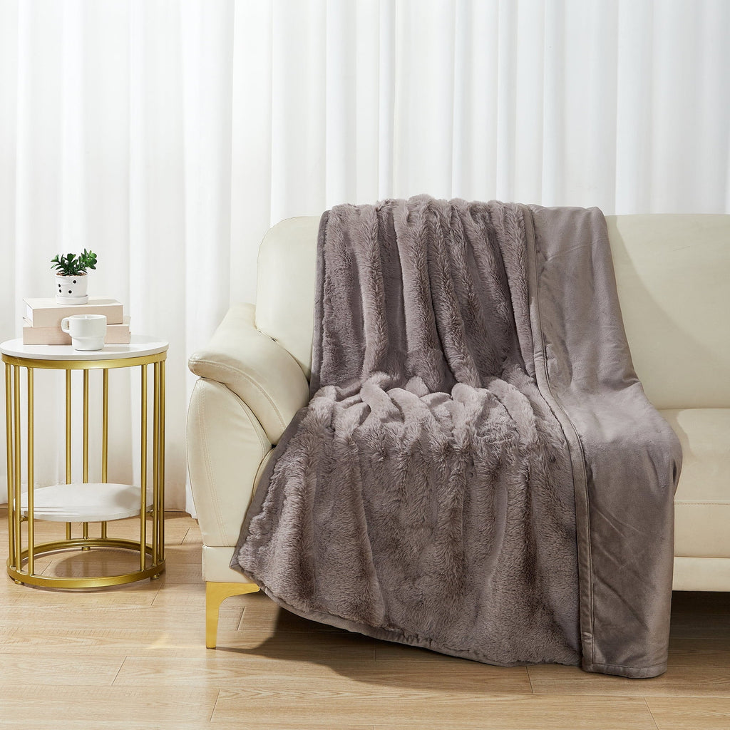 Decorative Knitted Grey Faux Fur Ultra Soft Luxury Oversized Throw Blanket 50" x 72", Grey Bisque - Cozy Fleece Throw Blanket for Couch & Bed Detail