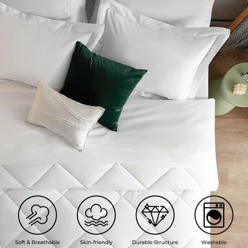 Luxurious Quilted Comforter Set 7-Piece Bed in a Bag - Adult, White, Queen - Cloud-Like Soft Lightweight Bed Comforter Detail
