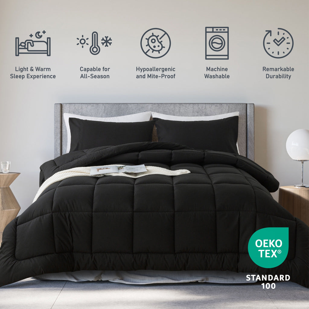 Heavyweight Warmth Queen Size 3-Piece All-Season Down Alternative Comforter Set Deep Black (Comforter and Pillowcase Bedding Set / bed i... - All-Season Down Alternative Comforter Insert Detail