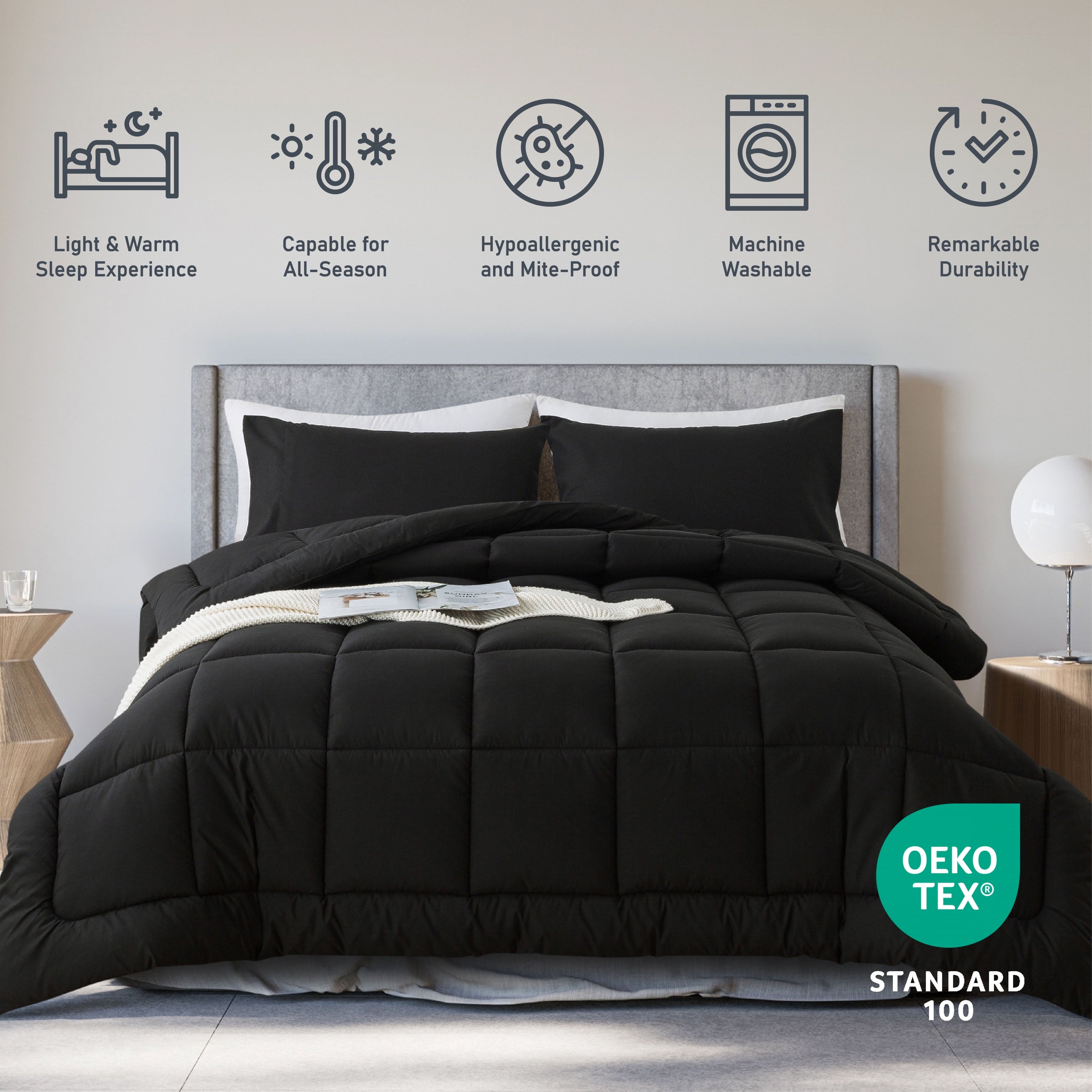 Heavyweight Warmth Queen Size 3-Piece All-Season Down Alternative Comforter Set Deep Black (Comforter and Pillowcase Bedding Set / bed i... - All-Season Down Alternative Comforter Insert Detail