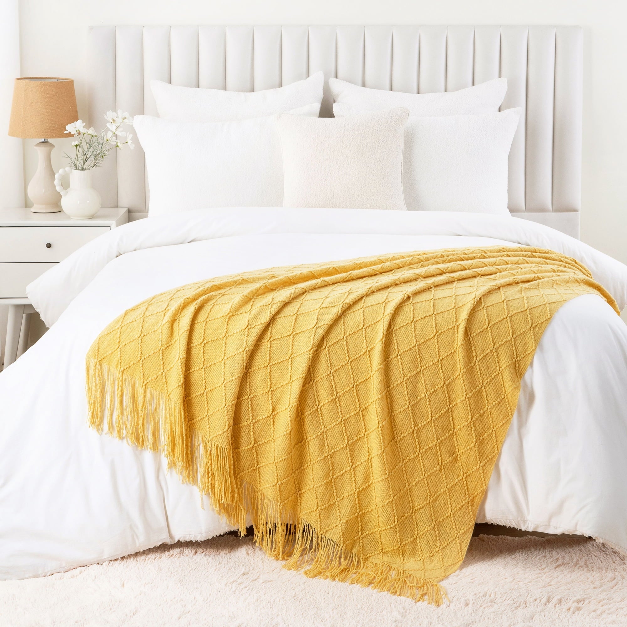 Reversible Sherpa Mustard Throw Blanket for Couch,Gold Yellow Knit Throw with Fringe,Outdoor Throw ,50"x60" - Lightweight Plush Warm Blanket for All Seasons Detail