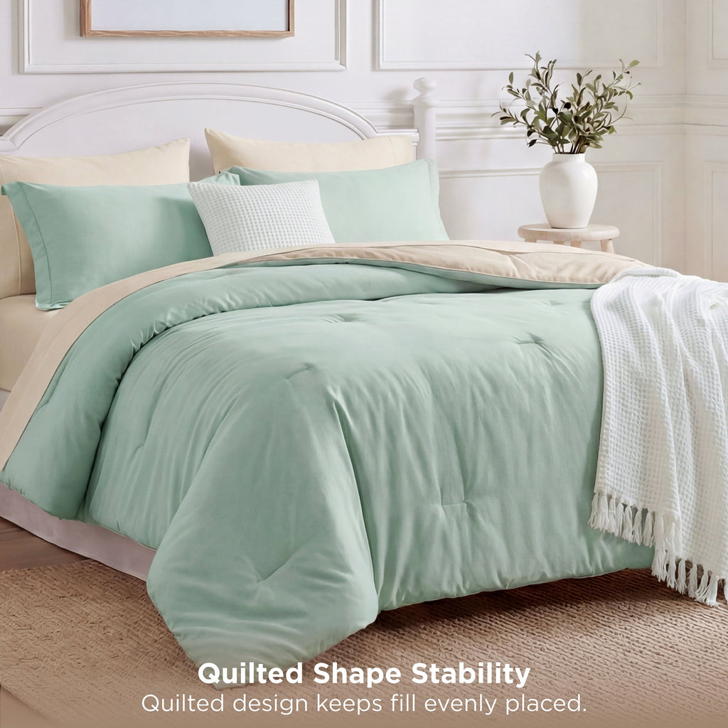 Fluffy Down Alternative Queen Comforter Set Sage Green, 7 Pieces Lightweight Queen Bedding Sets, Contrasting Design - Luxurious Quilted Duvet Cover Set Detail