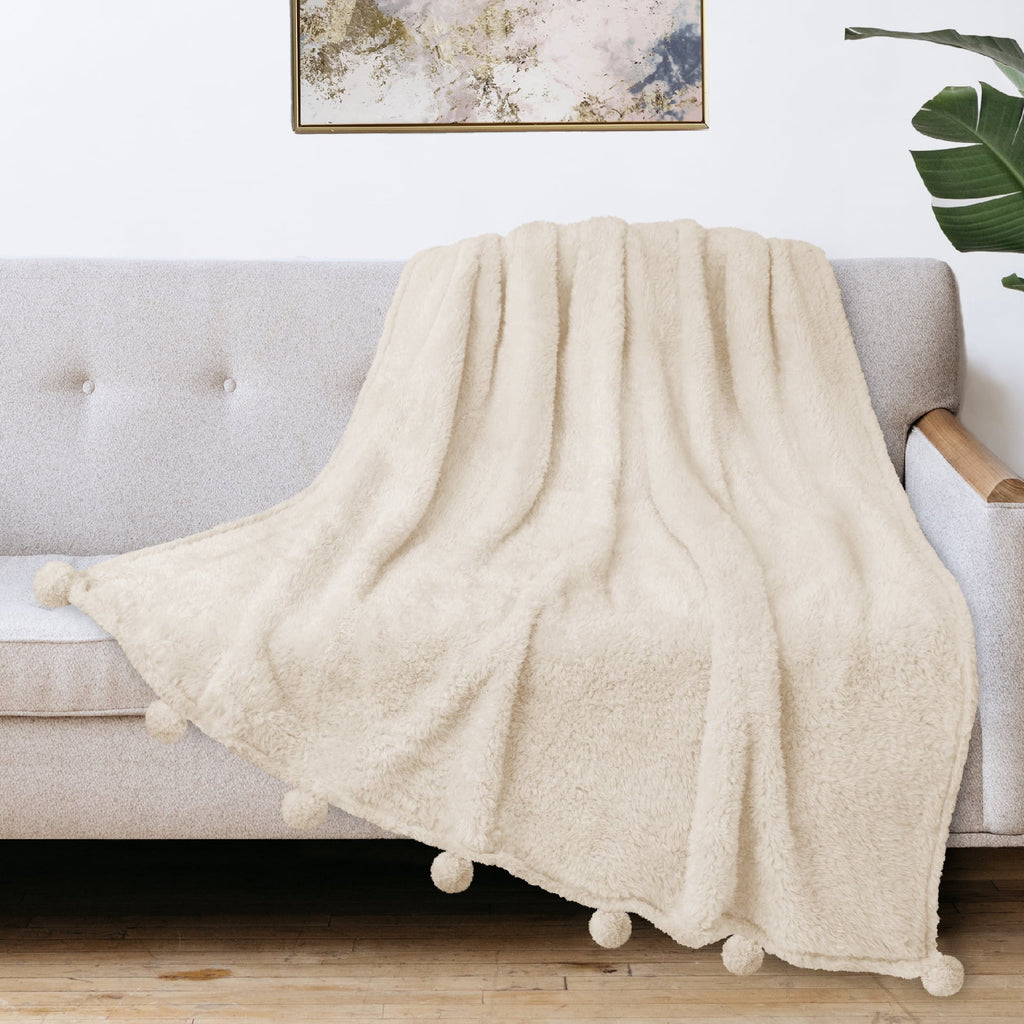 Lightweight Warm Ivory Cream Sherpa Throw Blanket with Soft Pom Pom Fringe, Plush Cozy Warm Blankets for Couch Bed Sofa, Fuzzy Fleece ... - Super Soft Reversible Sherpa Flannel Blanket Detail