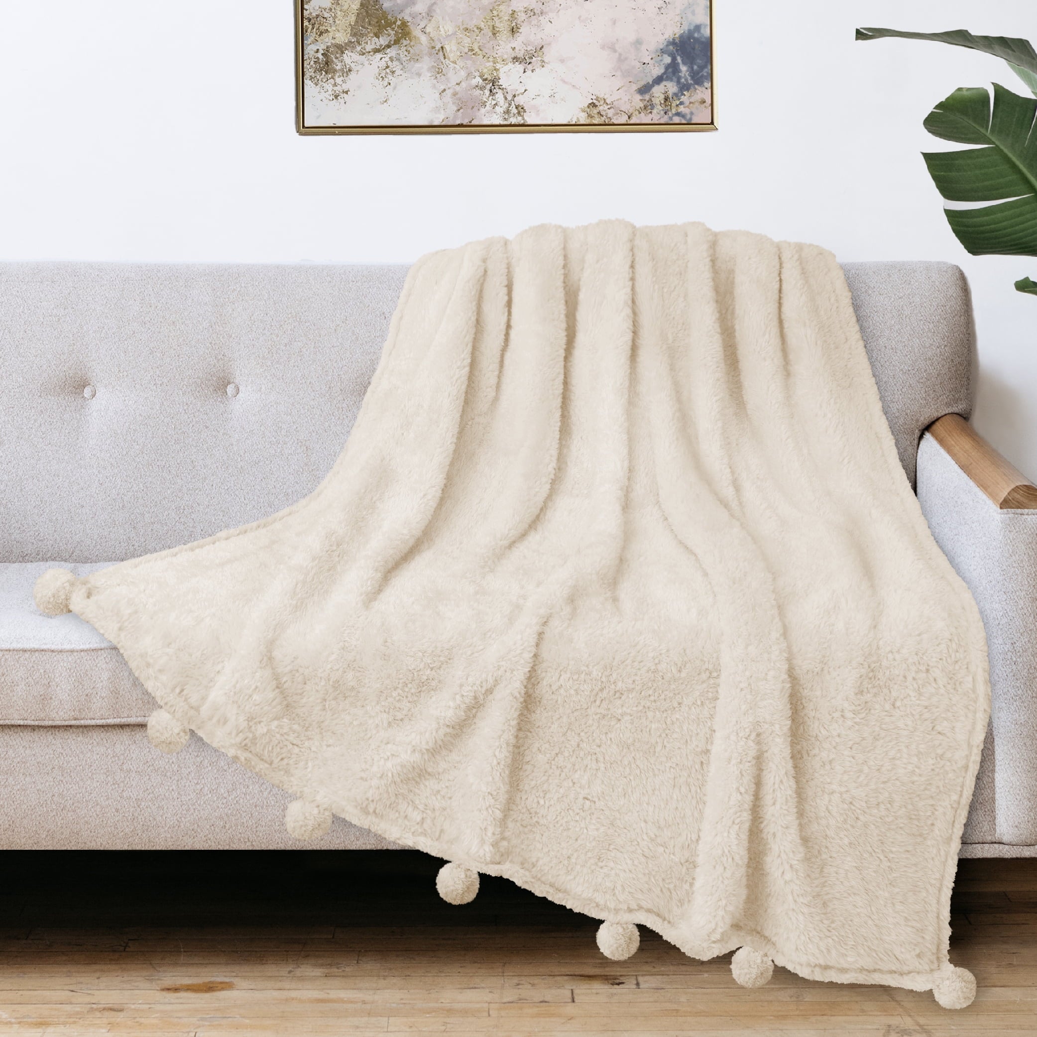 Lightweight Warm Ivory Cream Sherpa Throw Blanket with Soft Pom Pom Fringe, Plush Cozy Warm Blankets for Couch Bed Sofa, Fuzzy Fleece ... - Super Soft Reversible Sherpa Flannel Blanket Detail