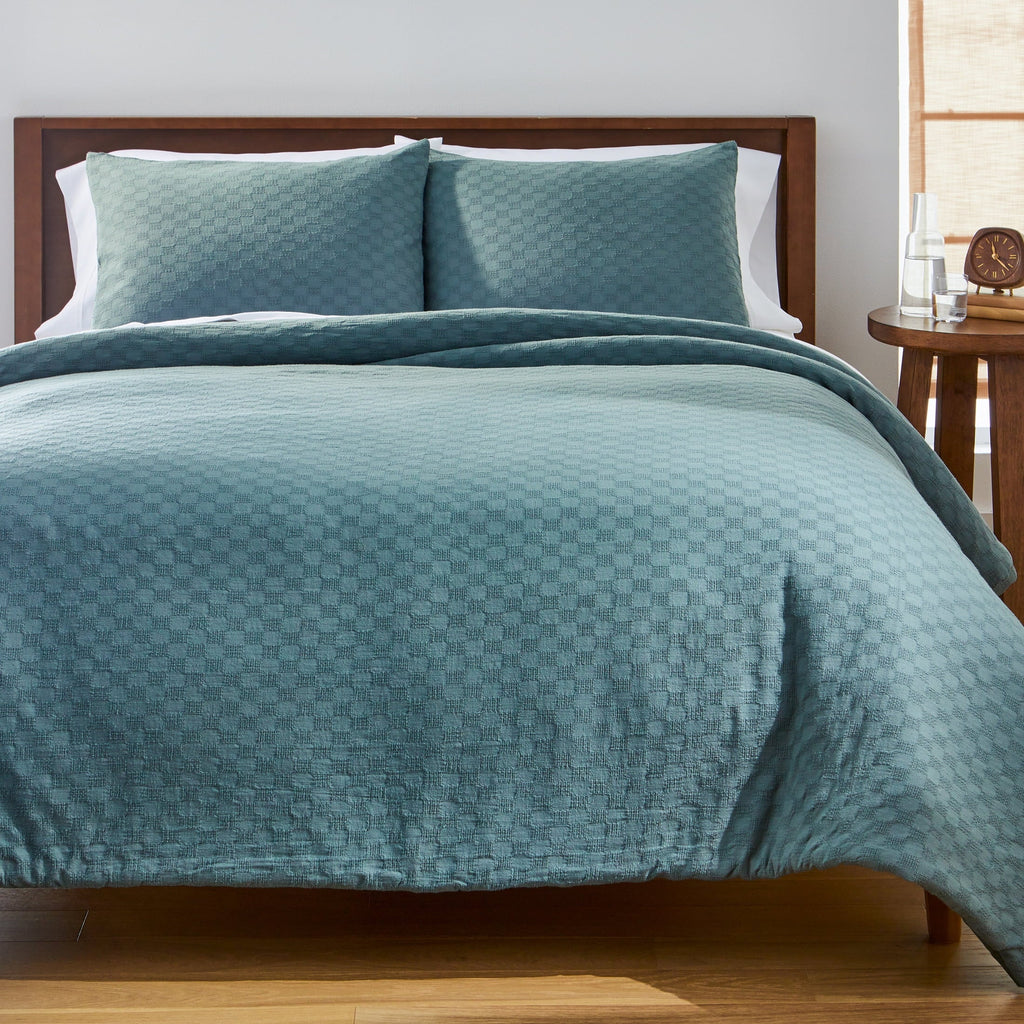 Fluffy Down Alternative Full/Queen Comforter Set, All-Season, 3-Piece, Nimbus Blue Block Weave - Luxurious Quilted Duvet Cover Set - Default Title