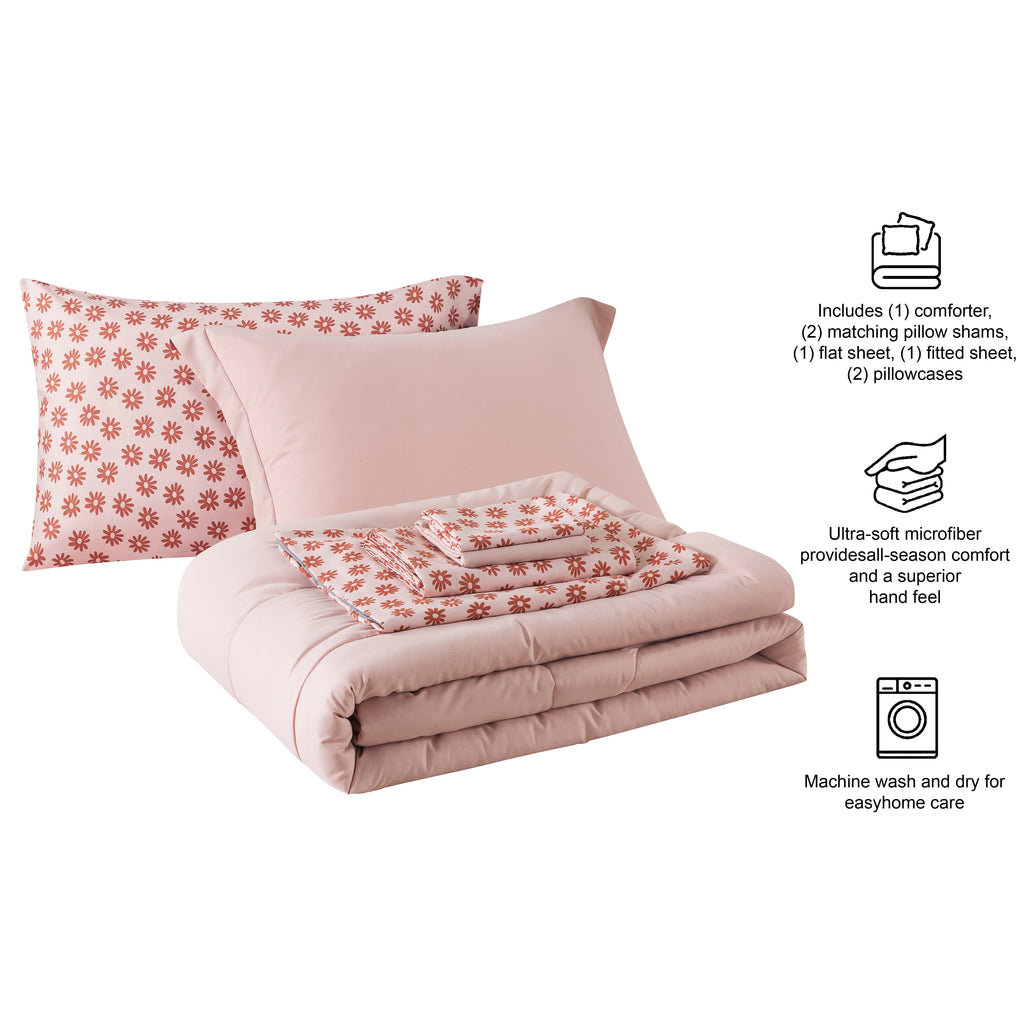 Hypoallergenic Cloud 7-Piece Reversible Bed in a Bag Comforter Set with Sheets, Pink, Queen - Luxurious Quilted Duvet Cover Set Detail