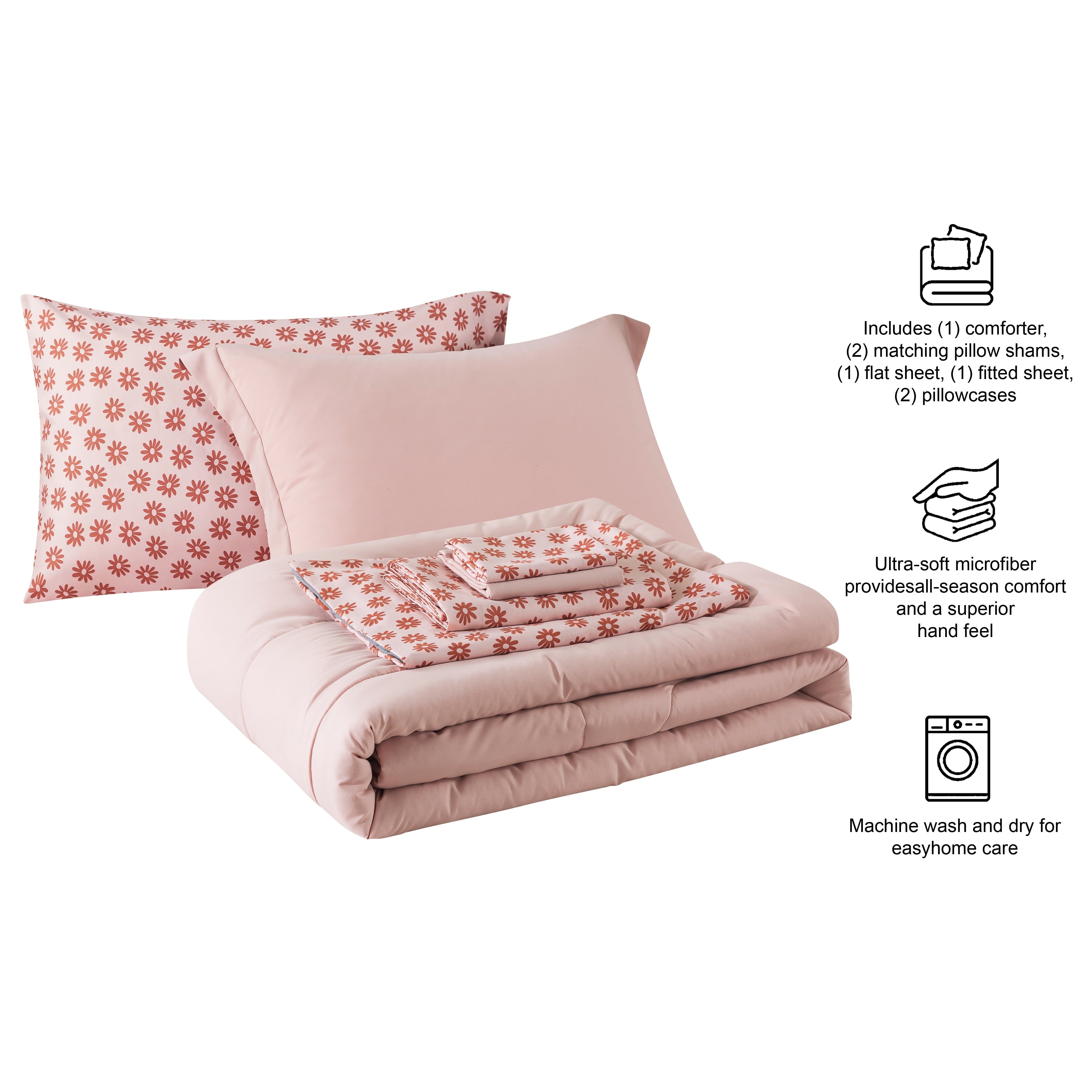 Hypoallergenic Cloud 7-Piece Reversible Bed in a Bag Comforter Set with Sheets, Pink, Queen - Luxurious Quilted Duvet Cover Set Detail