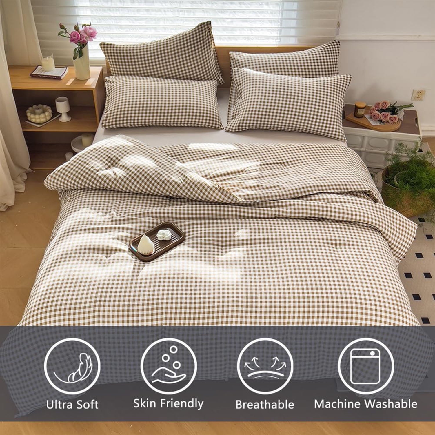 Fluffy Down Alternative Tan Gingham Queen Comforter Set, Taupe Plaid Bedding Set, Checked Bed Comforter 3 Pieces(Tan Gingham, Queen) - Hypoallergenic Ultra-Fluffy Quilt for Winter Detail