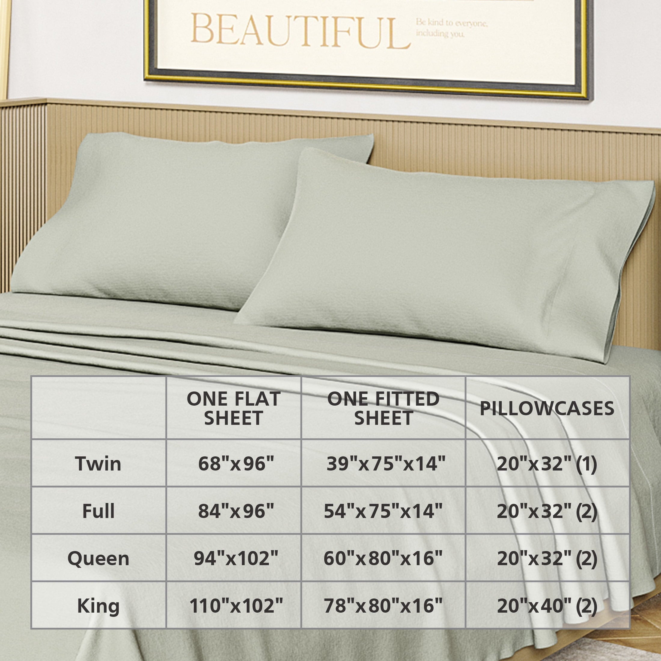 Cooling Sateen Solid 4-Piece 100% Cotton Washed Percale Sage Green Sheet Set, Full - Premium Ultra-Soft Pillowcase Pair for Sleeping Detail