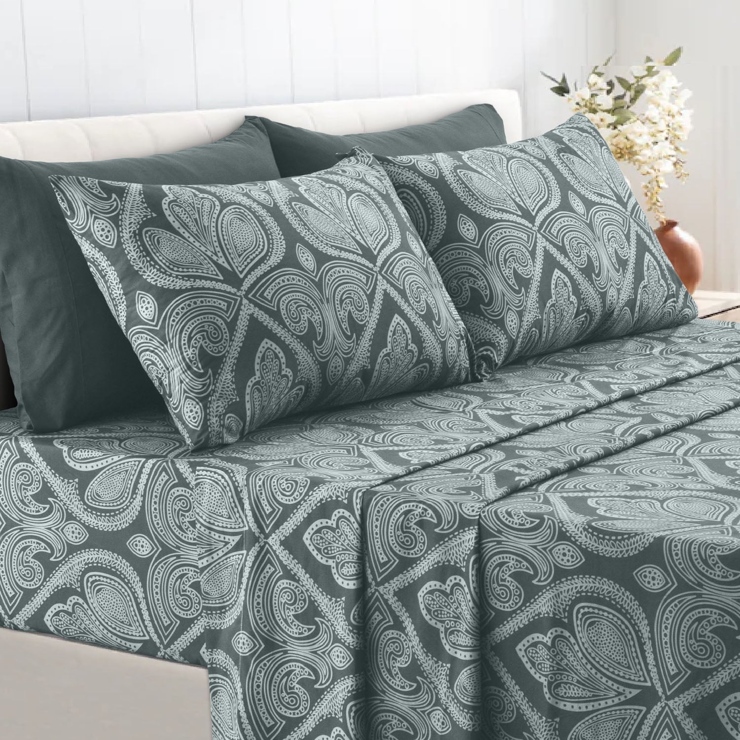 Cooling Sateen Queen Bed Sheets Set - 6 Piece Brushed Microfiber Bed Sheet - Shrinkage and Fade Resistant - (Queen, Grey) - Breathable Egyptian Cotton Flat & Fitted Sheets Detail