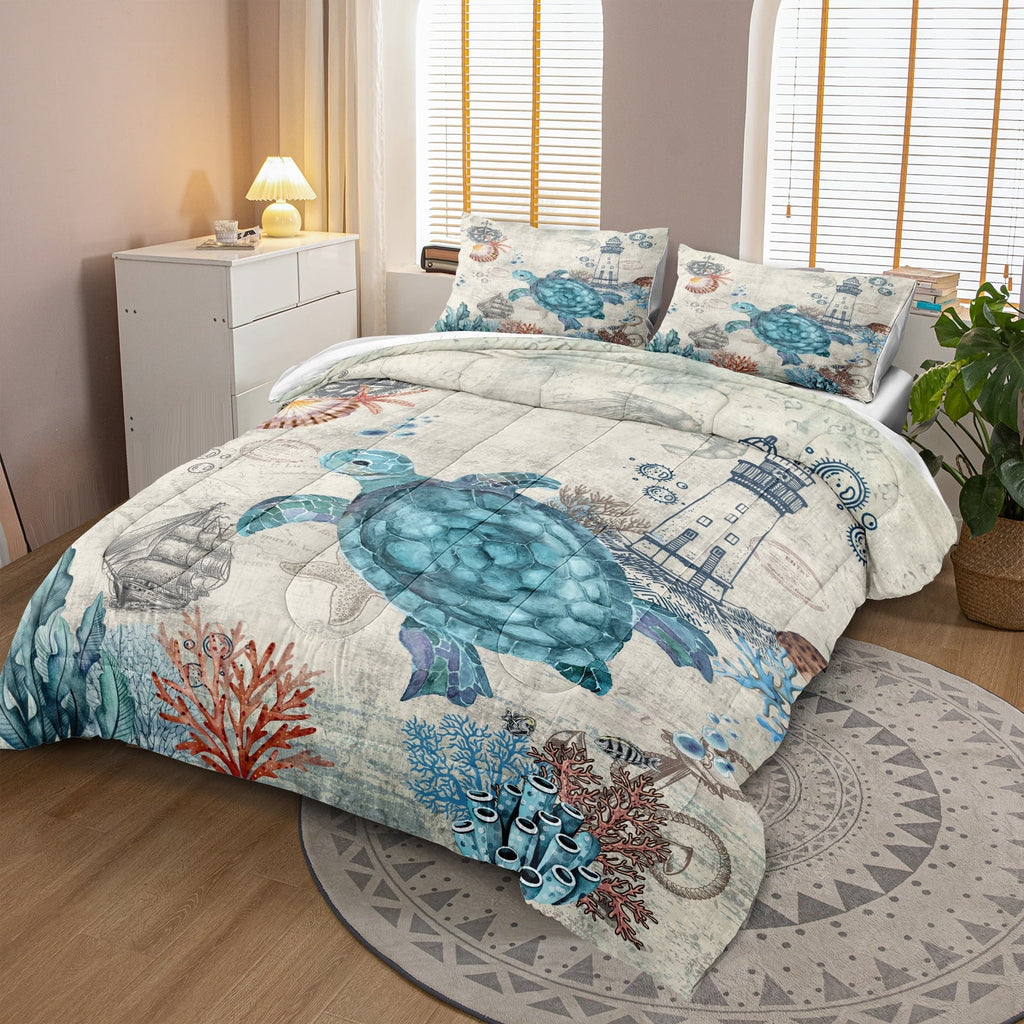 Luxurious Quilted Sea Turtle Comforter Set Queen Ocean Beach Bedding Set Soft and Lightweight Retro Style Design Coastal Bedding Set - Luxurious Quilted Duvet Cover Set Detail