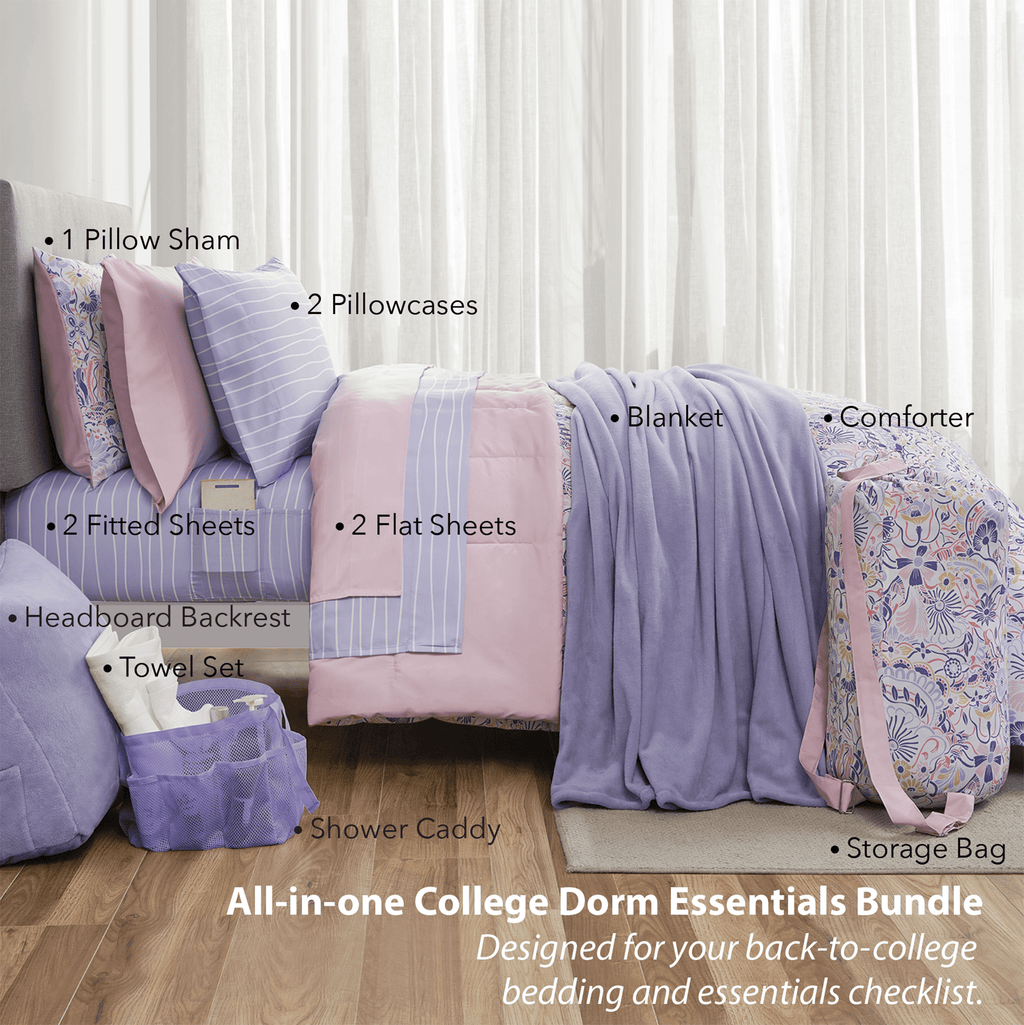 Heavyweight Warmth 14pc College Dorm Essentials Bundle, Twin-XL, Reversible Bed in a Bag Comforter Set, Purple Floral - All-Season Down Alternative Comforter Insert Detail