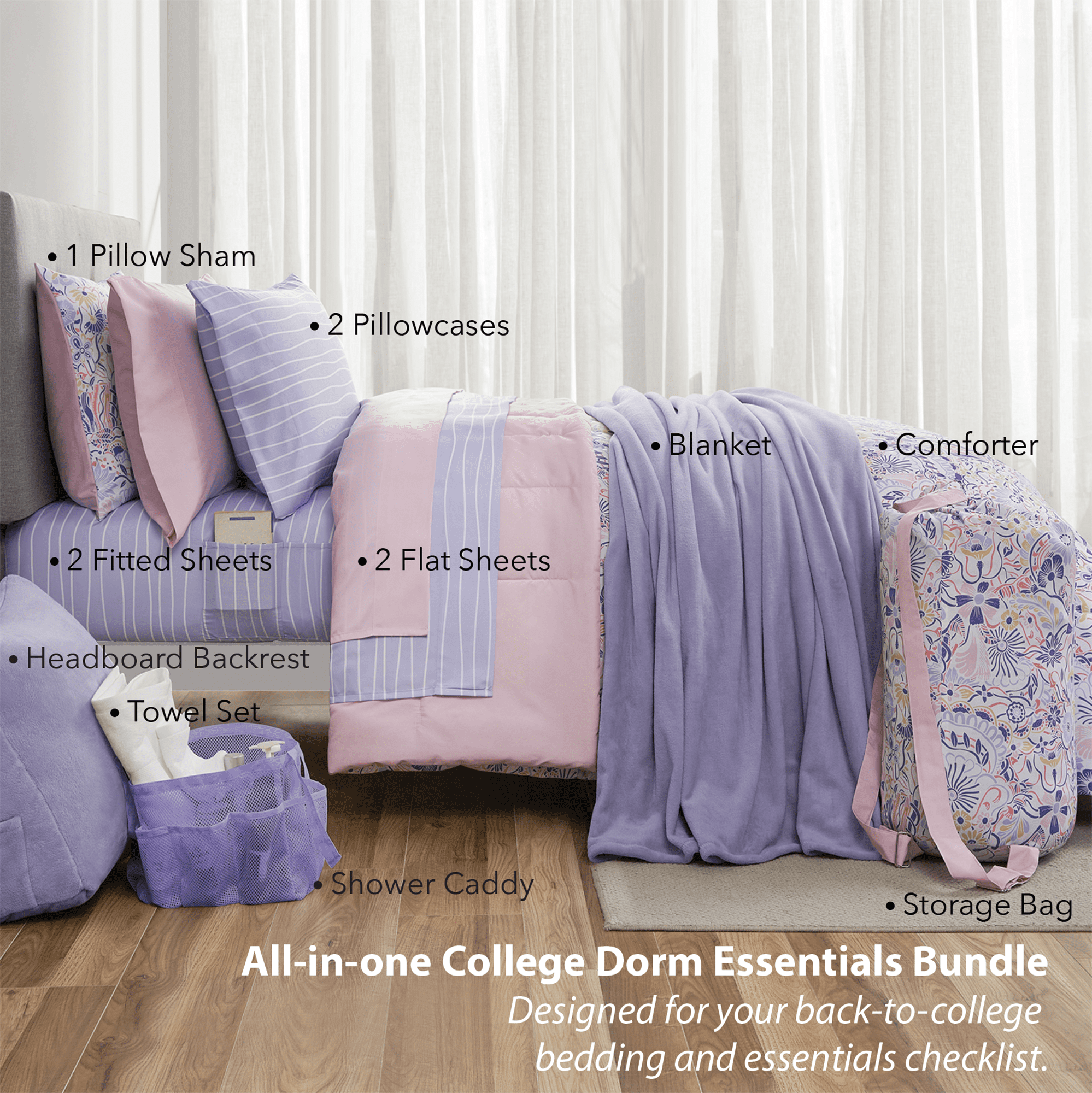 Heavyweight Warmth 14pc College Dorm Essentials Bundle, Twin-XL, Reversible Bed in a Bag Comforter Set, Purple Floral - All-Season Down Alternative Comforter Insert Detail