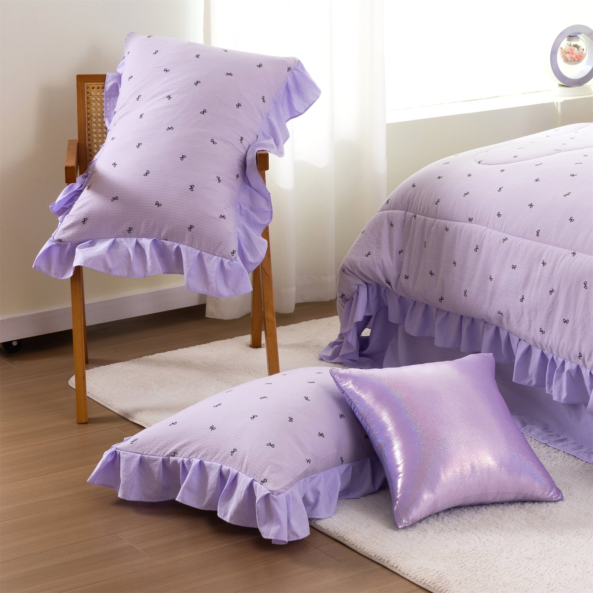 Heavyweight Warmth 6 Piece Delicate Bows Purple Bedding Set Ruffle Princess Style Comforter Set Bed in a Bag - All-Season Down Alternative Comforter Insert Detail