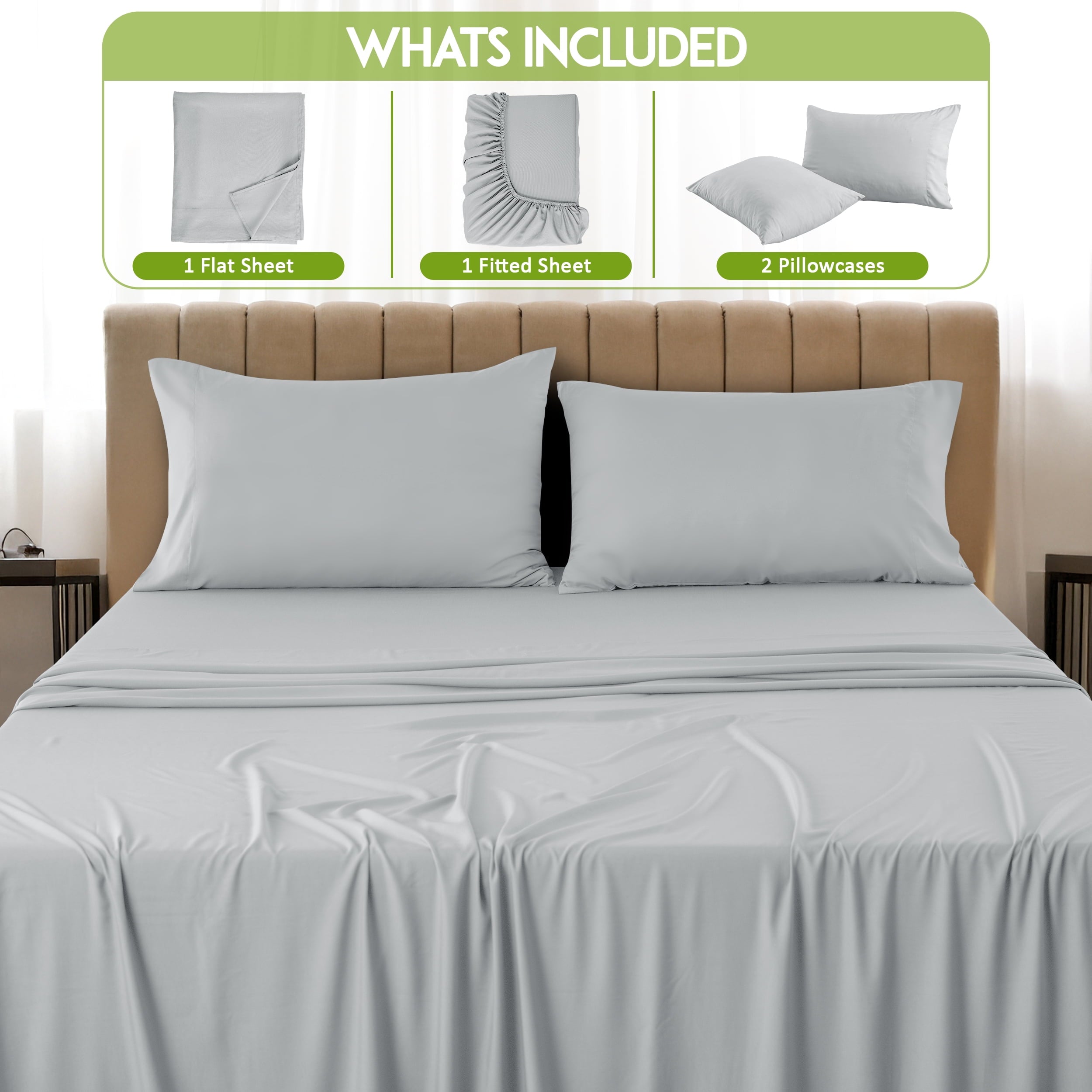Ultra-Soft Rayon - 4 Piece Cooling Bed Sheets Set, Gray - Premium Ultra-Soft Pillowcase Pair for Sleeping Detail
