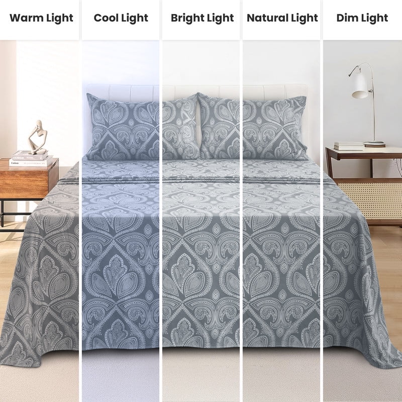 Ultra-Soft Lux Decor 4 Piece Queen Sheet Set, Brushed Microfiber Paisley Printed Bed Sheet Set with up to 16" Deep Pocket Fitted... - Premium Ultra-Soft Pillowcase Pair for Sleeping Detail