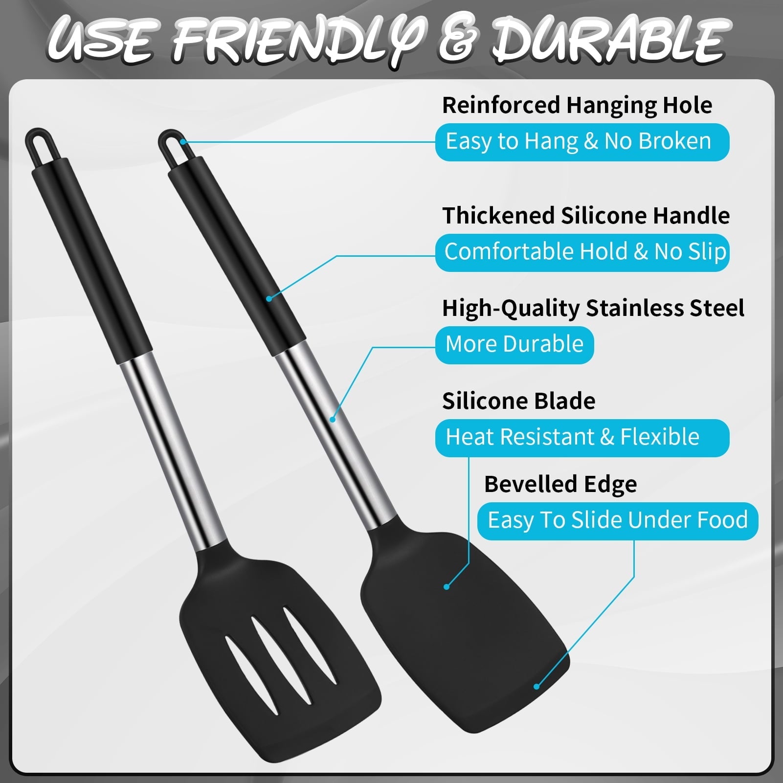 Ergonomic Cooking Silicone Cooking Spatulas and Spoons, 4 Pack Heat Resistant Silicone Cooking Utensils Set, Non-stick Large Ki... - Ergonomic Kitchen Tongs and Cooking Spoon Utensil Detail