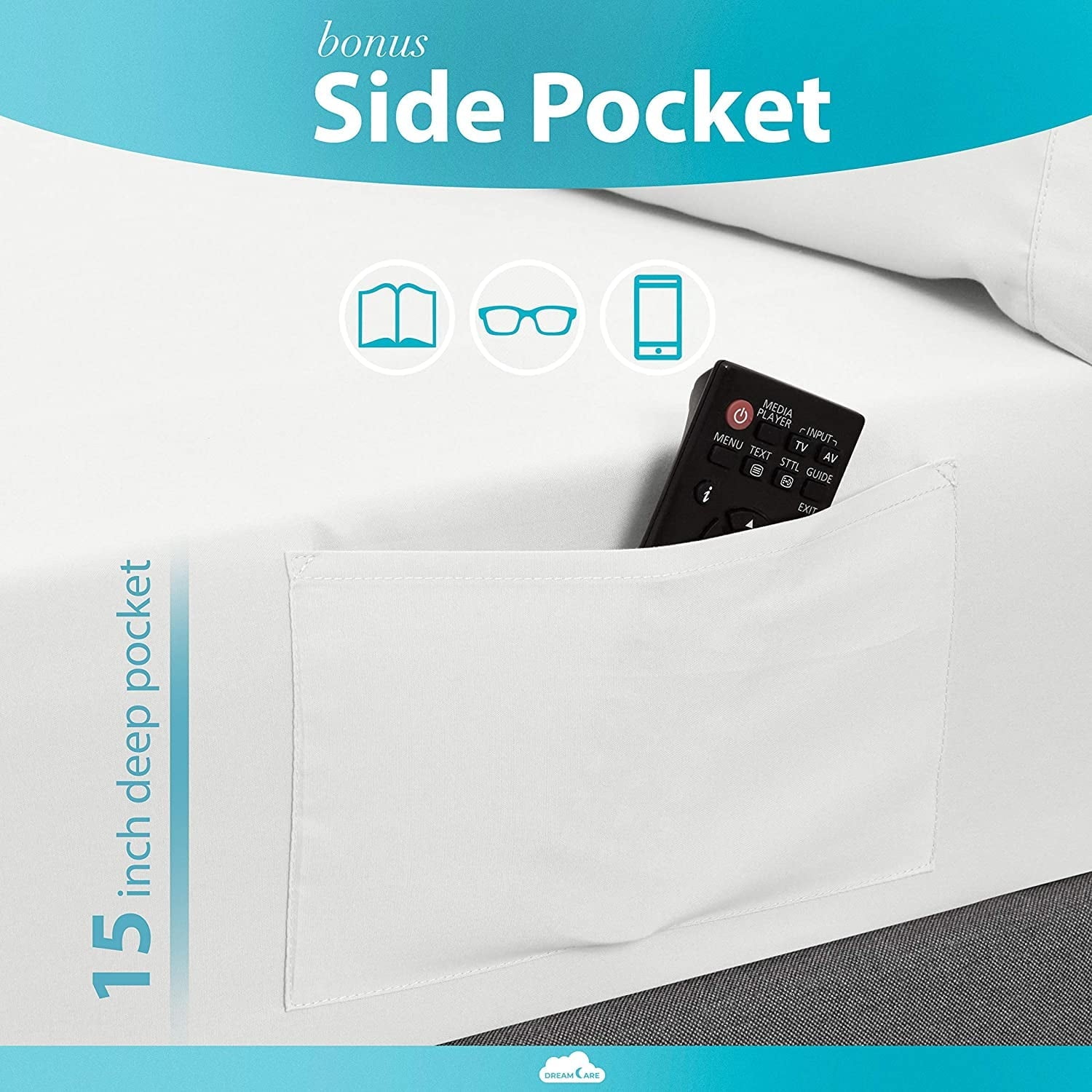 Premium Egyptian Cotton Bed Sheets Set - Queen Size Sheet with Side Pocket - 4pcs Set, 15 inches, White - Breathable Egyptian Cotton Flat & Fitted Sheets Detail
