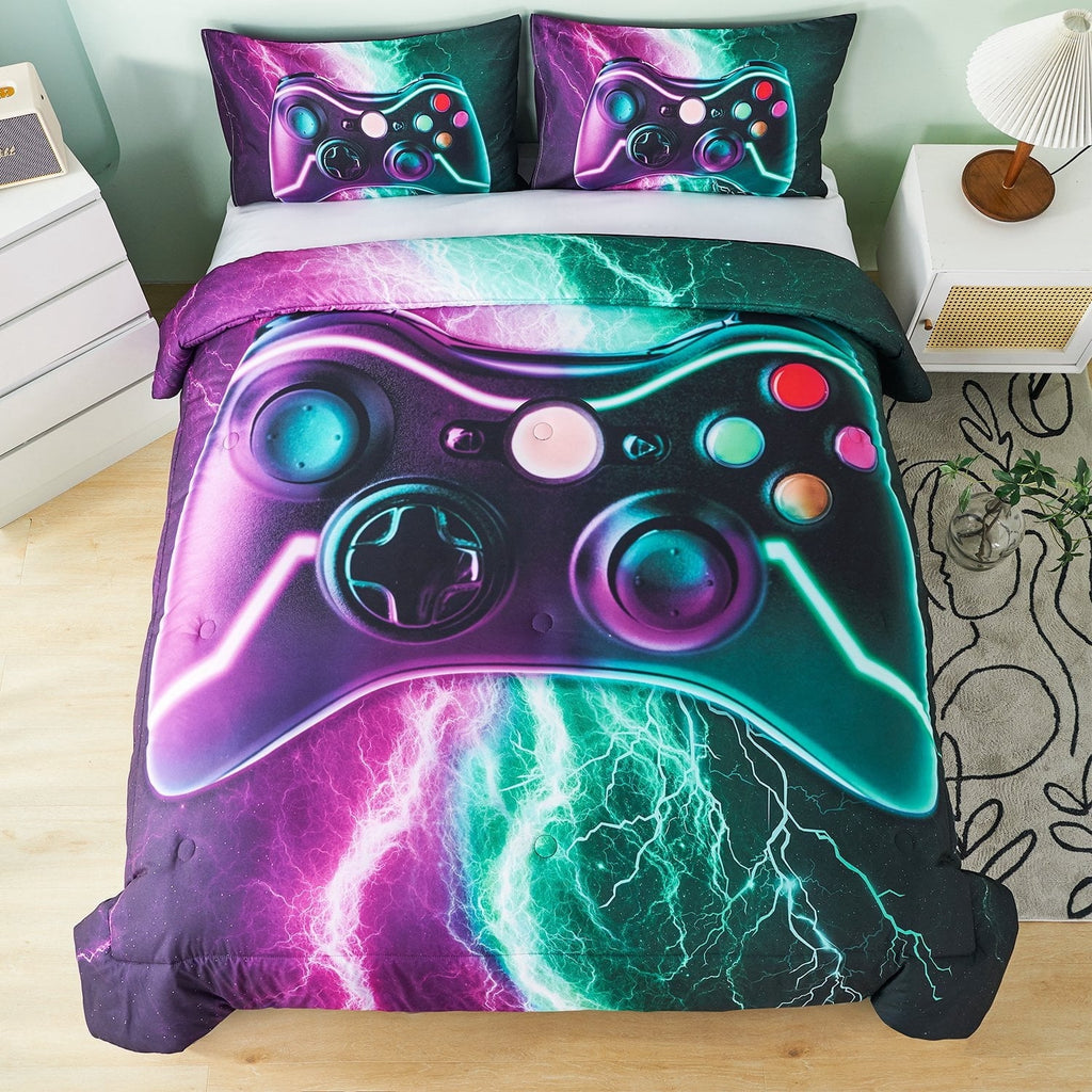 Fluffy Down Alternative Queen Size Gaming Comforter Set for Boys,3-Piece 3D Green Purple Lightning Game Controller Bedding Set for Kids Teens - Luxurious Quilted Duvet Cover Set Detail