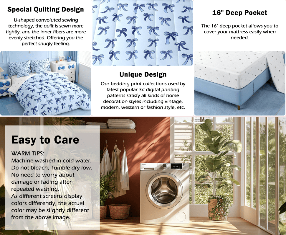 Fluffy Down Alternative Cute Bowknot Twin Bedding Sets 7-Piece,Girls Ribbon Bow Bedding Comforter Set,Dreamy Blue Sheet Sets For Girls,Super ... - Luxurious Quilted Duvet Cover Set Detail