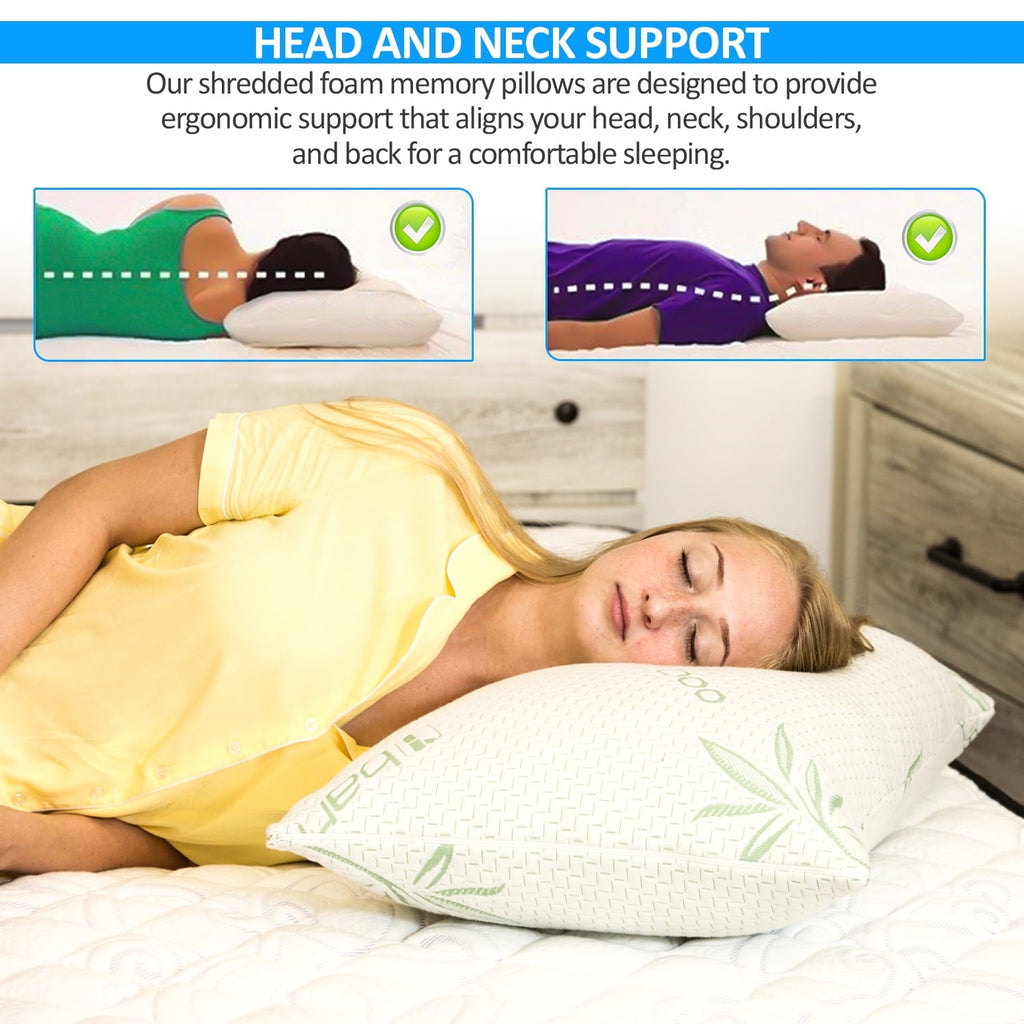 Ergonomic Memory Foam Queen Size Bamboo Pillow, Memory Foam Bed Pillows with Washable Pillowcases, Queen - Hotel Quality Plush Sleeping Pillows Detail