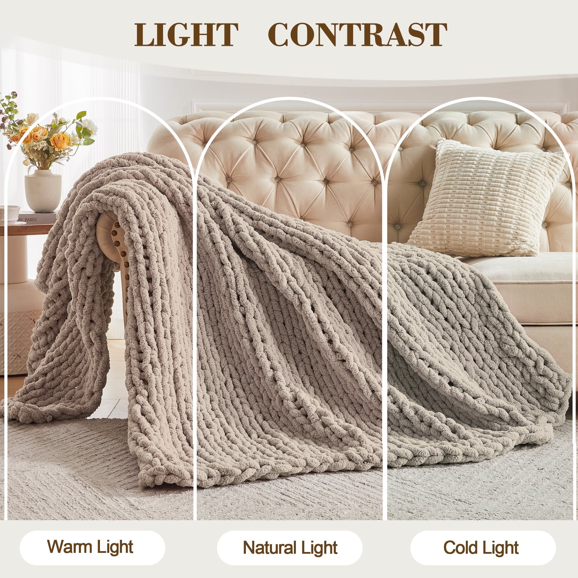 Cozy Fleece Chunky Knit Throw Blanket Handmade Soft Throws for Couch Sofa Bed, 50" x 60" Taupe - Cozy Fleece Throw Blanket for Couch & Bed Detail