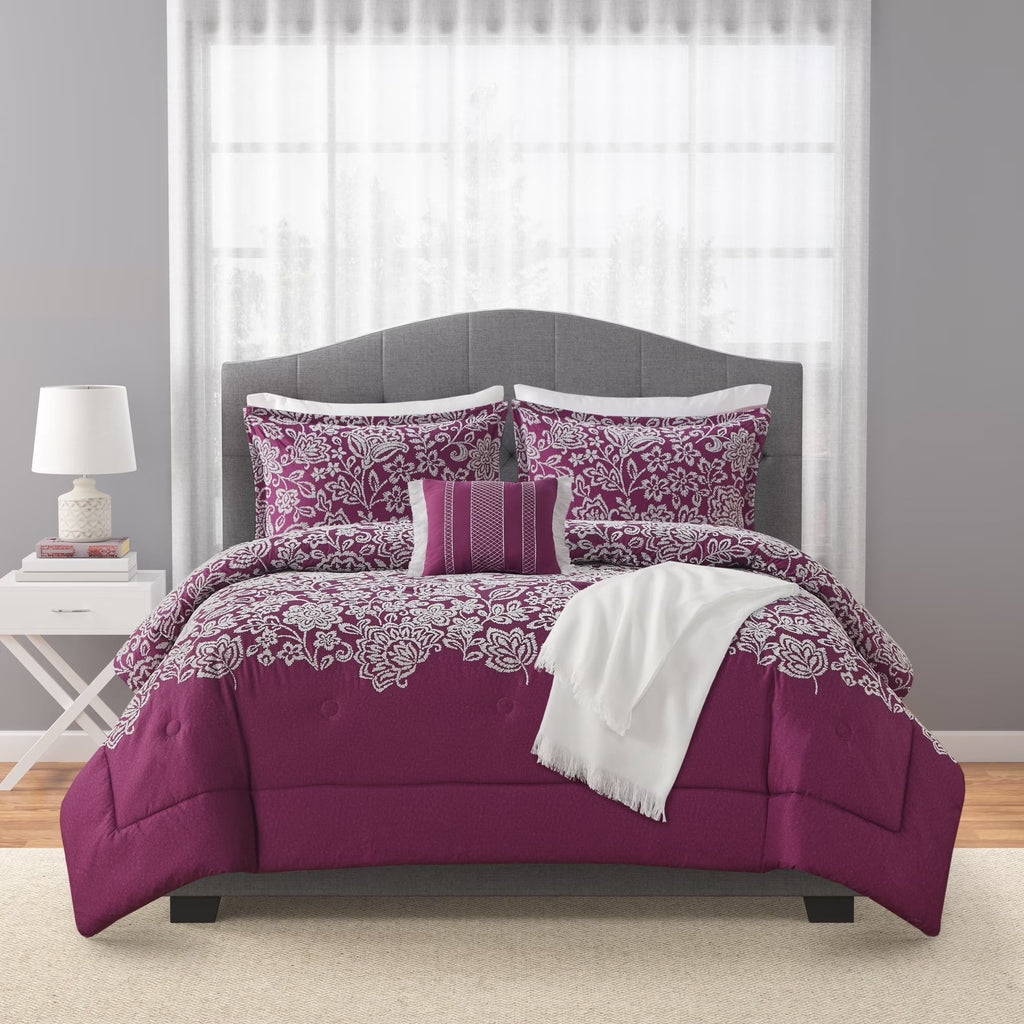 All-Season 5-Piece Jacquard Comforter Set with Decor Pillow and Throw Purple Flocking Embroidery Bedding Set, Full/Queen - Hypoallergenic Ultra-Fluffy Quilt for Winter Detail