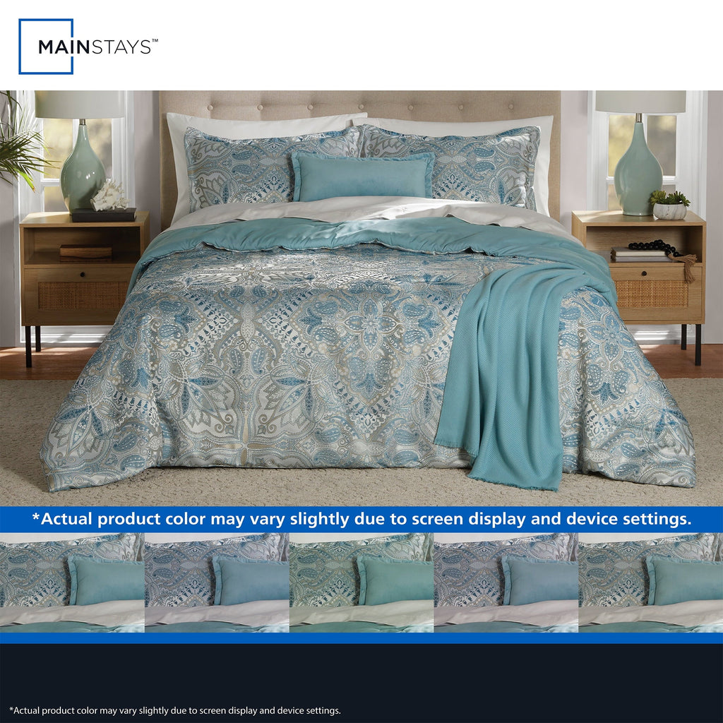 Heavyweight Warmth Full/Queen Comforter Set, All-Season, 5-Piece, Teal Jacquard Medallion - All-Season Down Alternative Comforter Insert Detail