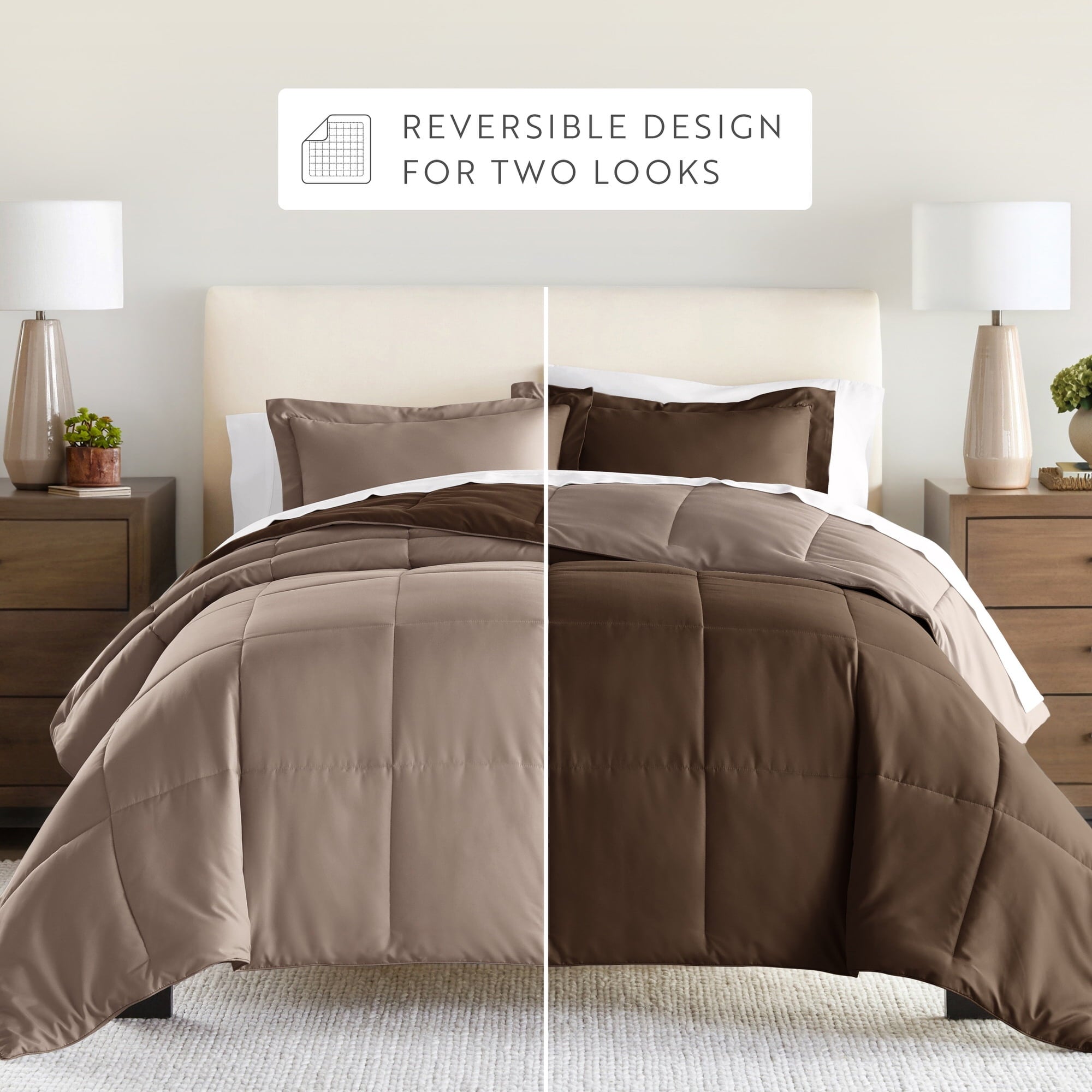 Fluffy Down Alternative All Season Reversible Comforter Set Breathable Cool in Taupe & Chocolate Brown Full/Queen Size Bedding - All-Season Down Alternative Comforter Insert Detail