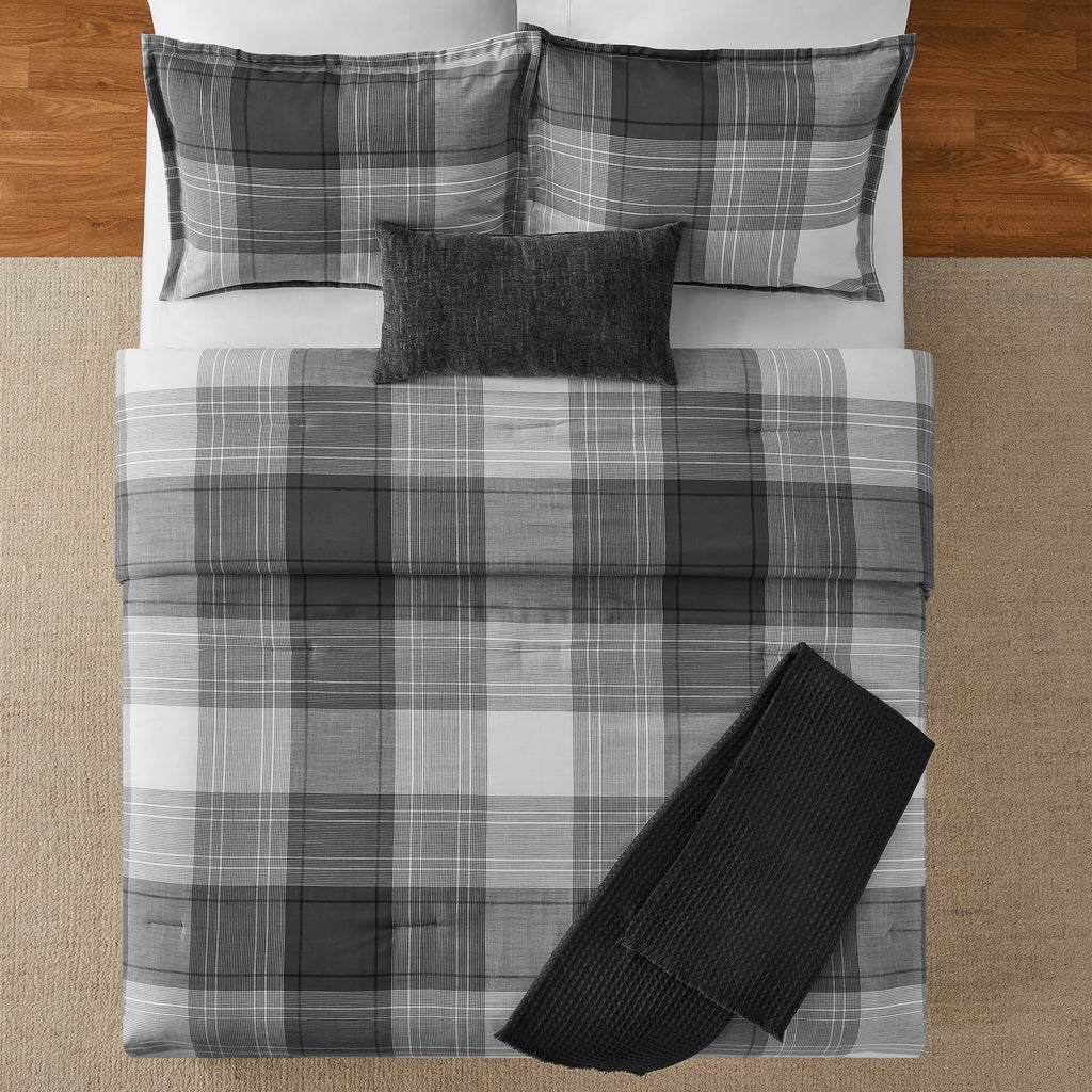 All-Season Full/Queen Comforter Set, All-Season, 5-Piece, Grey Plaid - Cloud-Like Soft Lightweight Bed Comforter Detail