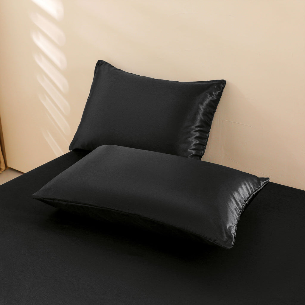 Wrinkle-Resistant 4Pcs Black Satin Sheets Queen Set Silk Sheets 13" Deep Pocket Ultra Soft silky Bed Sheet Set - Breathable Egyptian Cotton Flat & Fitted Sheets Detail