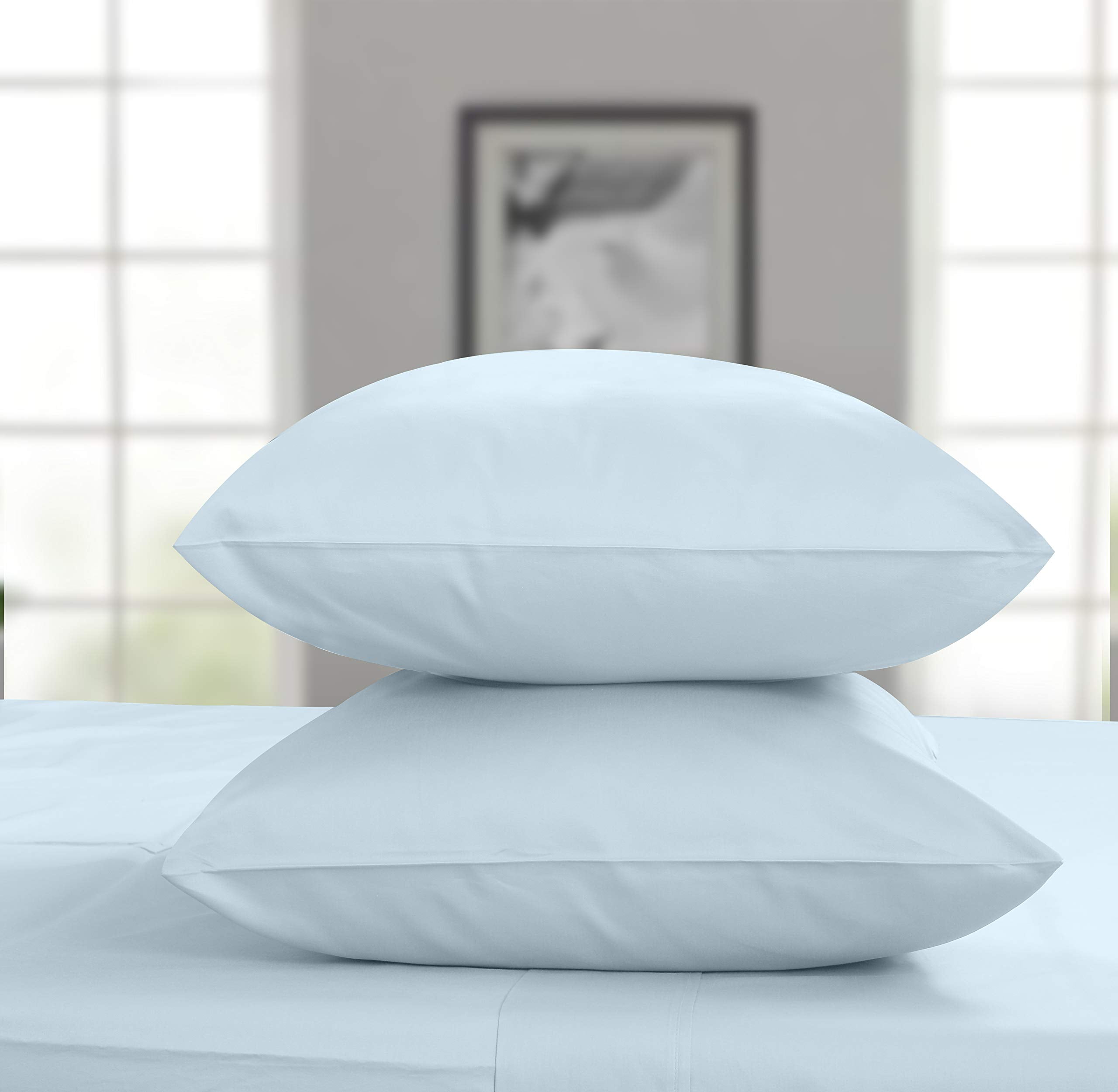 Breathable Luxury 100% Cotton King Bed Sheets Set - 4-Piece, 300 Thread Count, Lightweight Sateen, Light Blue - Breathable Egyptian Cotton Flat & Fitted Sheets Detail