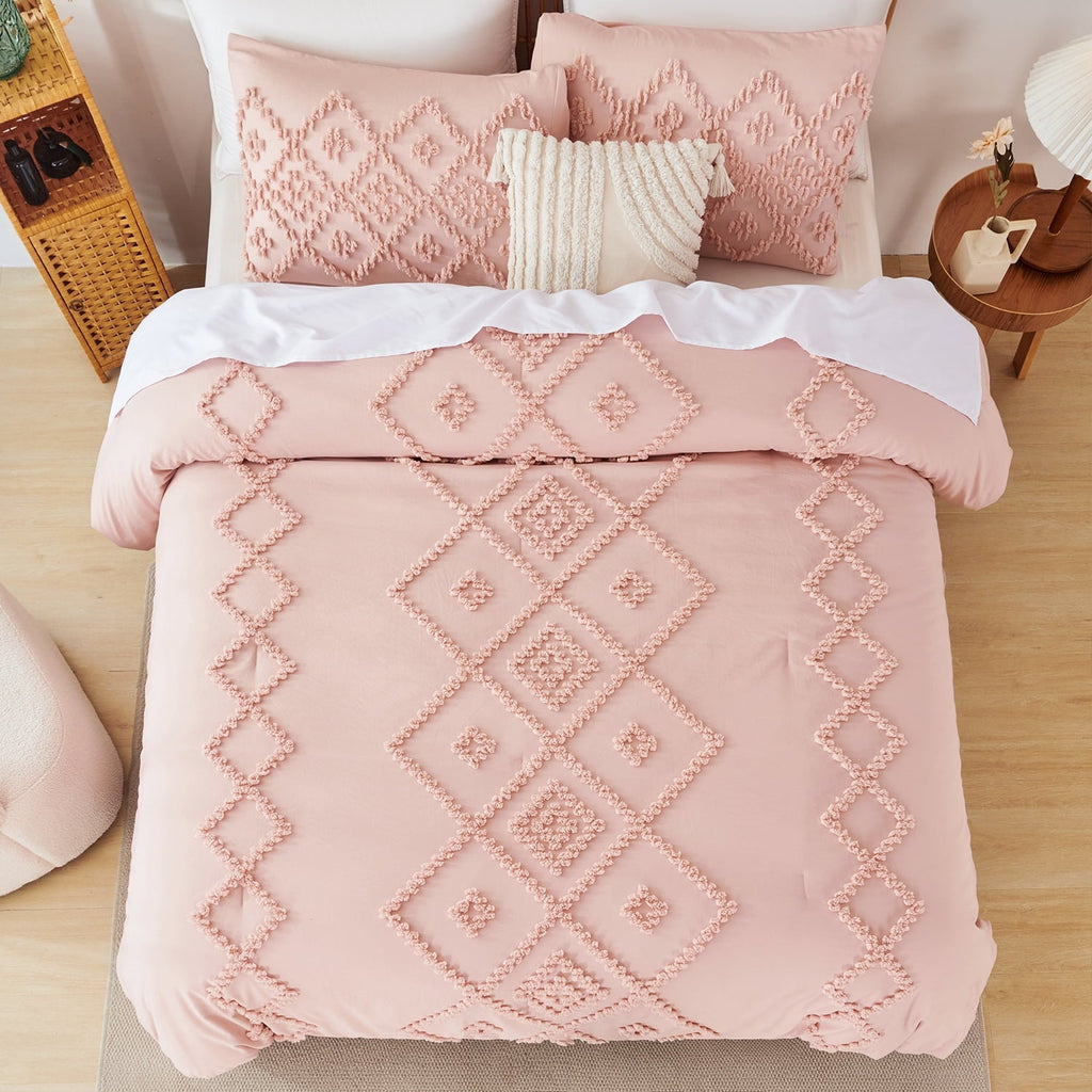 Heavyweight Warmth Pink Diamond Jacquard Comforter Set Queen 3 Pcs Bohemian Tufts Quilt Set for Kids Girls Adult 100% Soft Microfiber Be... - Luxurious Quilted Duvet Cover Set Detail